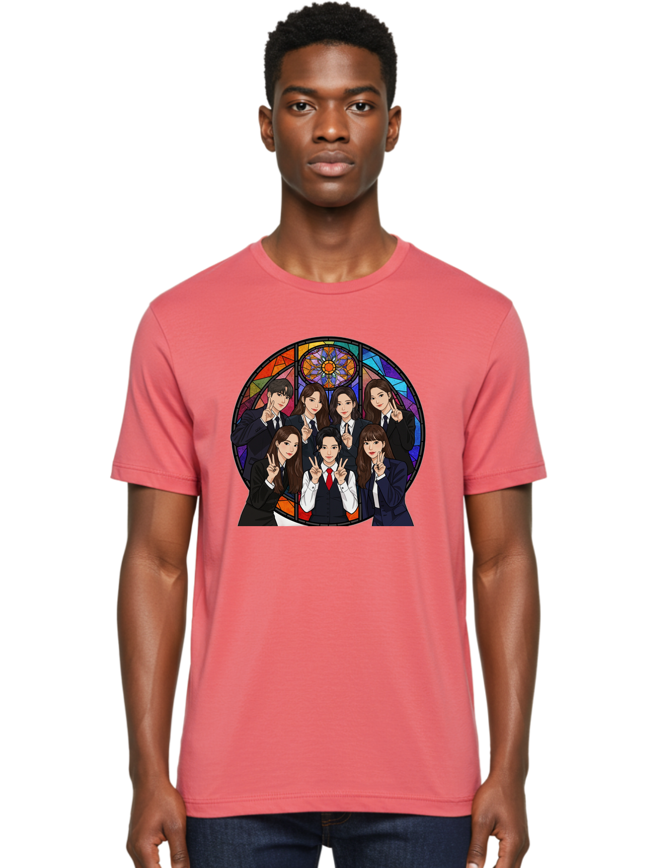K-Pop-Group-7 Men'S Graphic Tee, 100% Cotton, Comfortable Casual Summer Wear, Machine Washable, K-Pop Group Illustration, Stained Glass Window, School Uniforms, Peace Signs, K-Pop Fashion, Group Portrait, Colorful Background, K-Pop Idols, Bac096