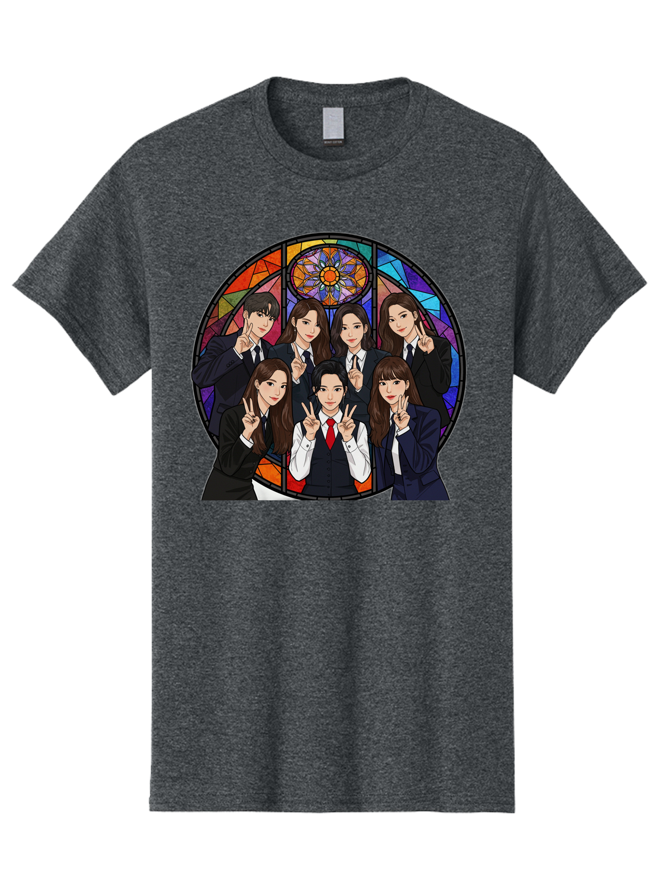 K-Pop-Group-7 Men'S Graphic Tee, 100% Cotton, Comfortable Casual Summer Wear, Machine Washable, K-Pop Group Illustration, Stained Glass Window, School Uniforms, Peace Signs, K-Pop Fashion, Group Portrait, Colorful Background, K-Pop Idols, Bac096
