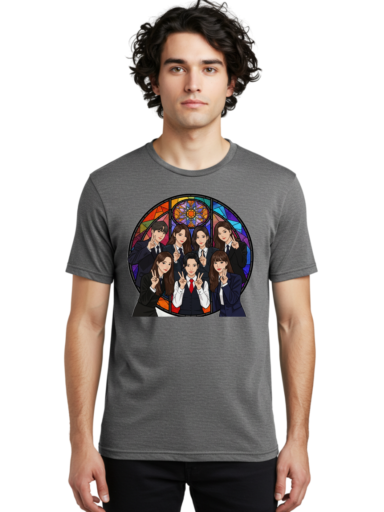 K-Pop-Group-7 Men'S Graphic Tee, 100% Cotton, Comfortable Casual Summer Wear, Machine Washable, K-Pop Group Illustration, Stained Glass Window, School Uniforms, Peace Signs, K-Pop Fashion, Group Portrait, Colorful Background, K-Pop Idols, Bac096