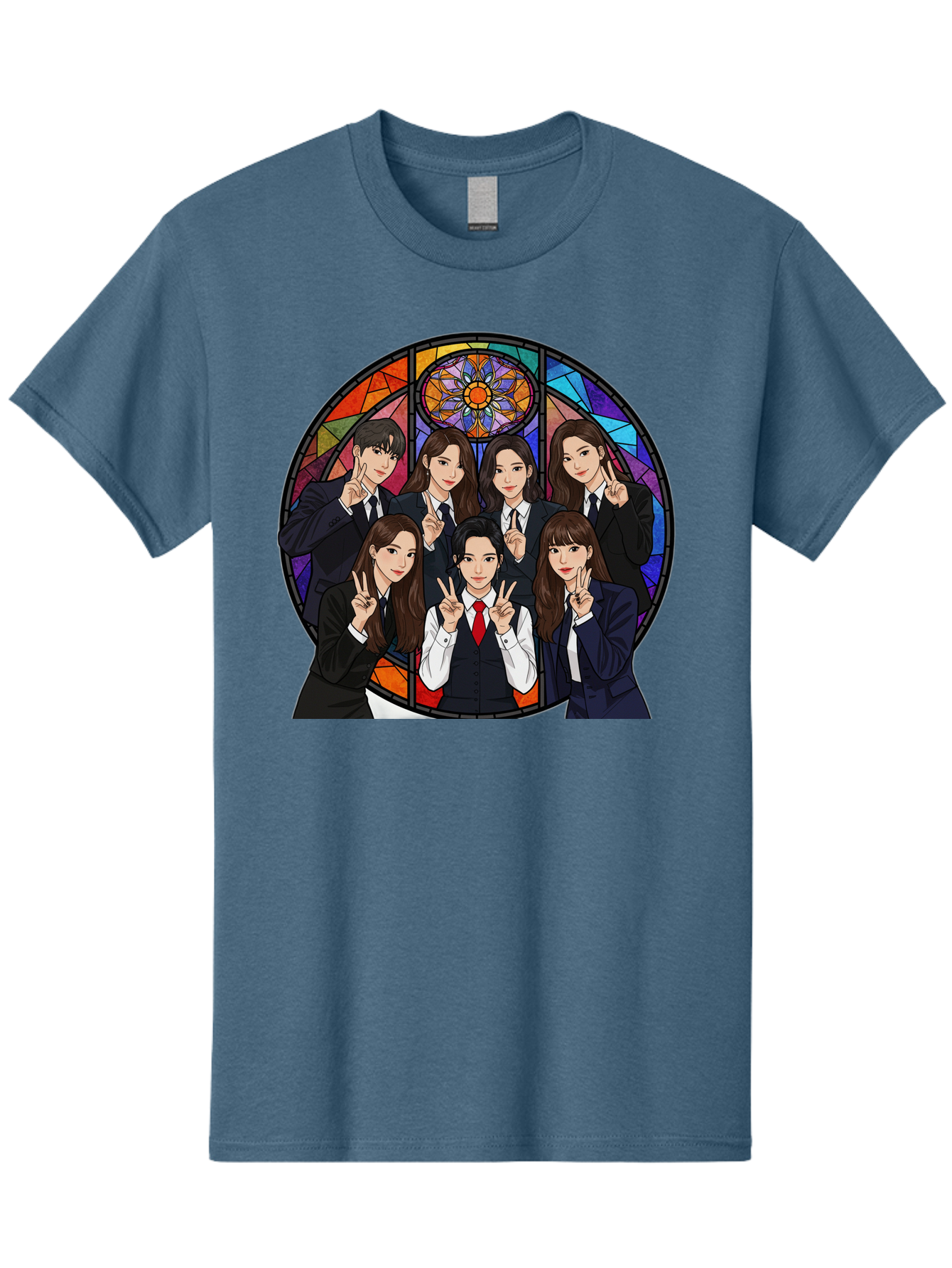 K-Pop-Group-7 Men'S Graphic Tee, 100% Cotton, Comfortable Casual Summer Wear, Machine Washable, K-Pop Group Illustration, Stained Glass Window, School Uniforms, Peace Signs, K-Pop Fashion, Group Portrait, Colorful Background, K-Pop Idols, Bac096