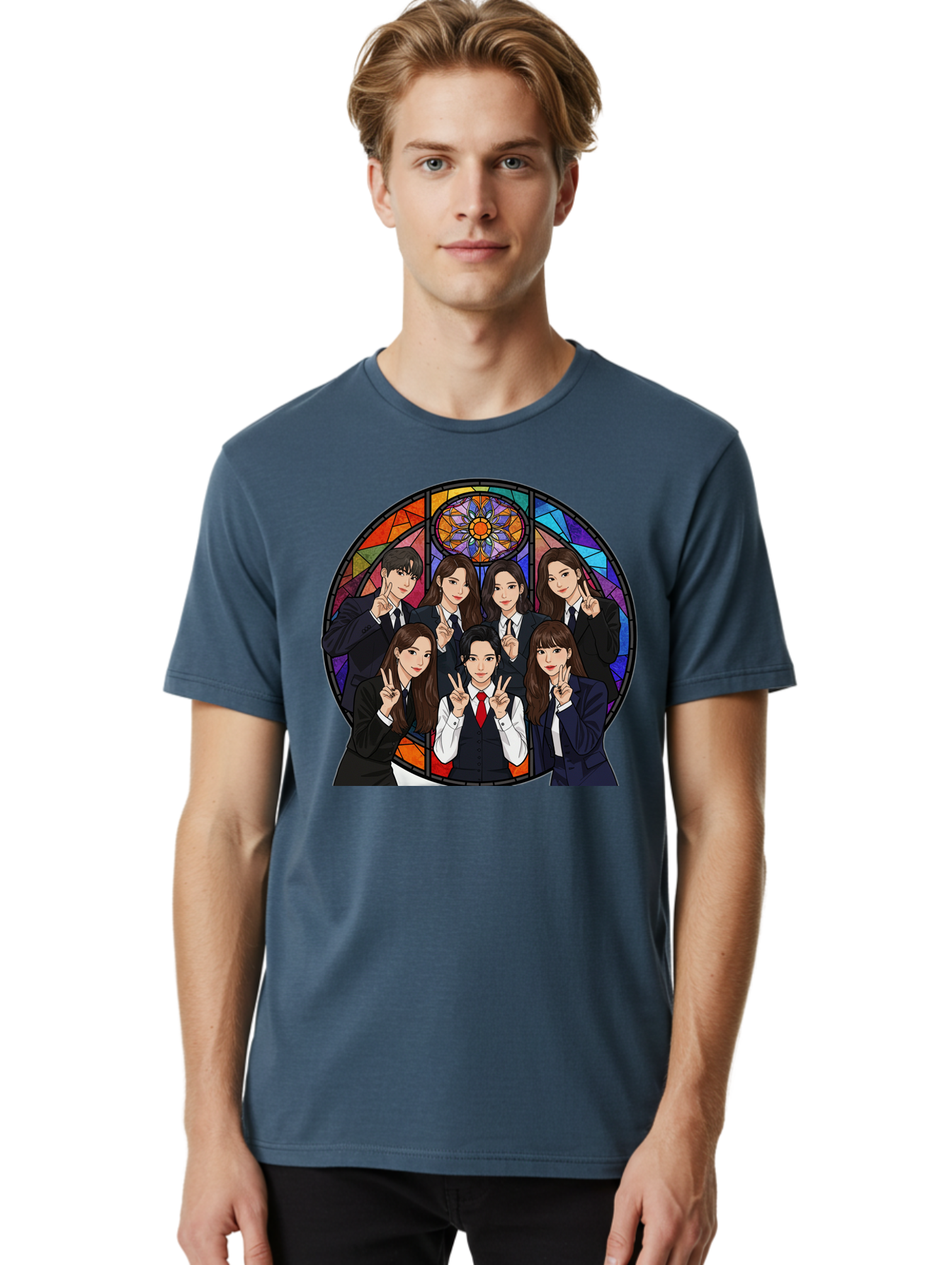 K-Pop-Group-7 Men'S Graphic Tee, 100% Cotton, Comfortable Casual Summer Wear, Machine Washable, K-Pop Group Illustration, Stained Glass Window, School Uniforms, Peace Signs, K-Pop Fashion, Group Portrait, Colorful Background, K-Pop Idols, Bac096