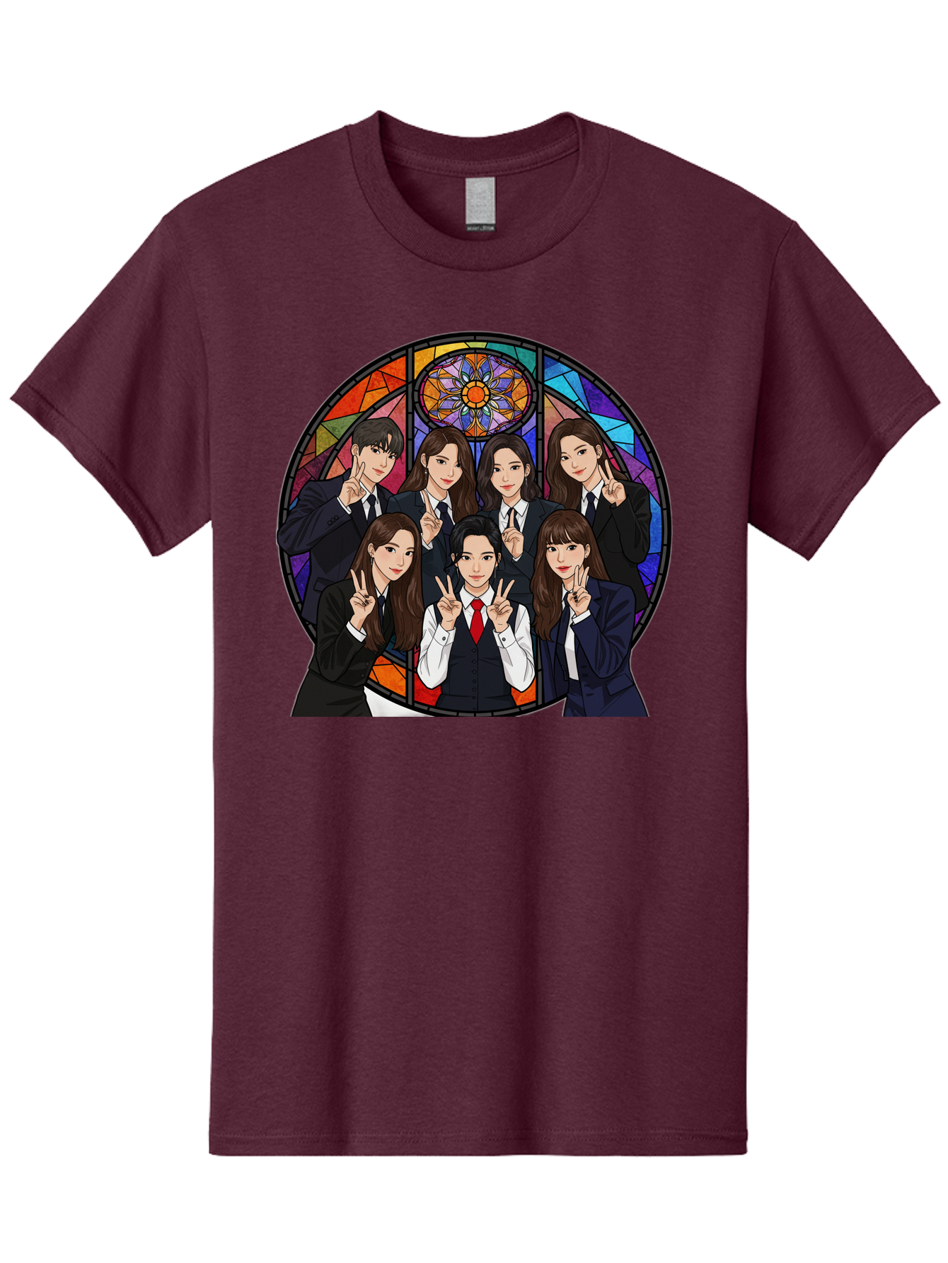 K-Pop-Group-7 Men'S Graphic Tee, 100% Cotton, Comfortable Casual Summer Wear, Machine Washable, K-Pop Group Illustration, Stained Glass Window, School Uniforms, Peace Signs, K-Pop Fashion, Group Portrait, Colorful Background, K-Pop Idols, Bac096