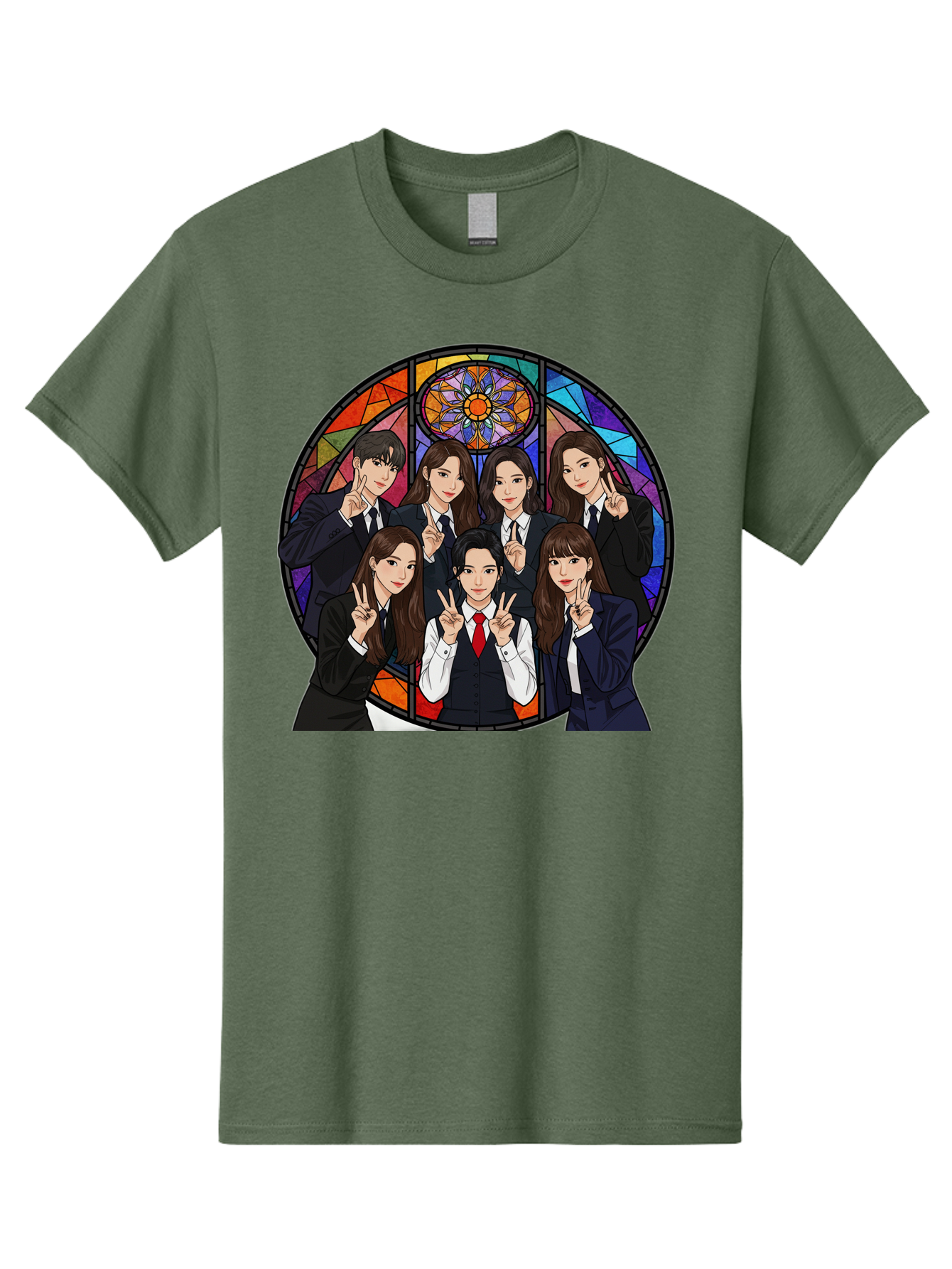 K-Pop-Group-7 Men'S Graphic Tee, 100% Cotton, Comfortable Casual Summer Wear, Machine Washable, K-Pop Group Illustration, Stained Glass Window, School Uniforms, Peace Signs, K-Pop Fashion, Group Portrait, Colorful Background, K-Pop Idols, Bac096