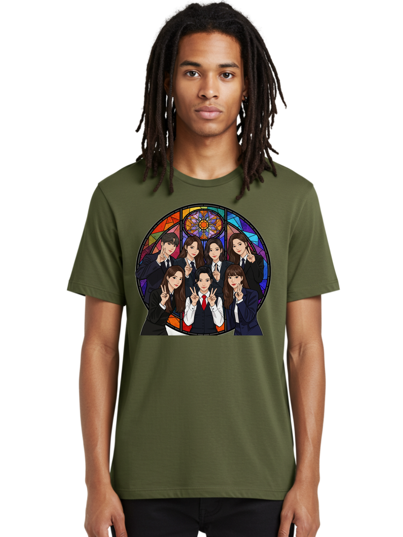 K-Pop-Group-7 Men'S Graphic Tee, 100% Cotton, Comfortable Casual Summer Wear, Machine Washable, K-Pop Group Illustration, Stained Glass Window, School Uniforms, Peace Signs, K-Pop Fashion, Group Portrait, Colorful Background, K-Pop Idols, Bac096