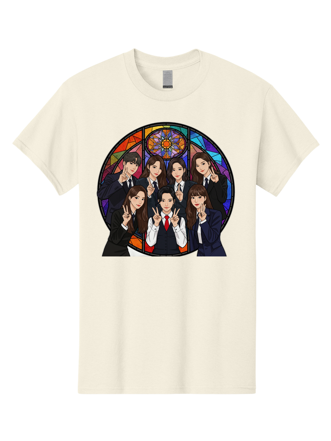 K-Pop-Group-7 Men'S Graphic Tee, 100% Cotton, Comfortable Casual Summer Wear, Machine Washable, K-Pop Group Illustration, Stained Glass Window, School Uniforms, Peace Signs, K-Pop Fashion, Group Portrait, Colorful Background, K-Pop Idols, Bac096