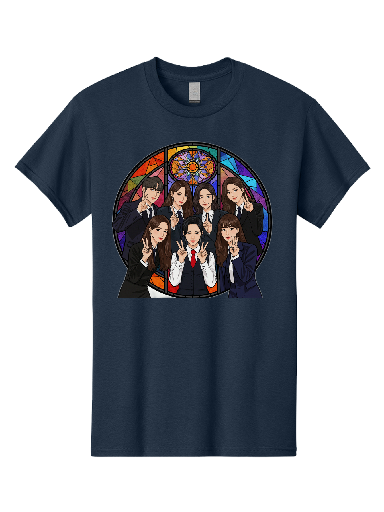 K-Pop-Group-7 Men'S Graphic Tee, 100% Cotton, Comfortable Casual Summer Wear, Machine Washable, K-Pop Group Illustration, Stained Glass Window, School Uniforms, Peace Signs, K-Pop Fashion, Group Portrait, Colorful Background, K-Pop Idols, Bac096