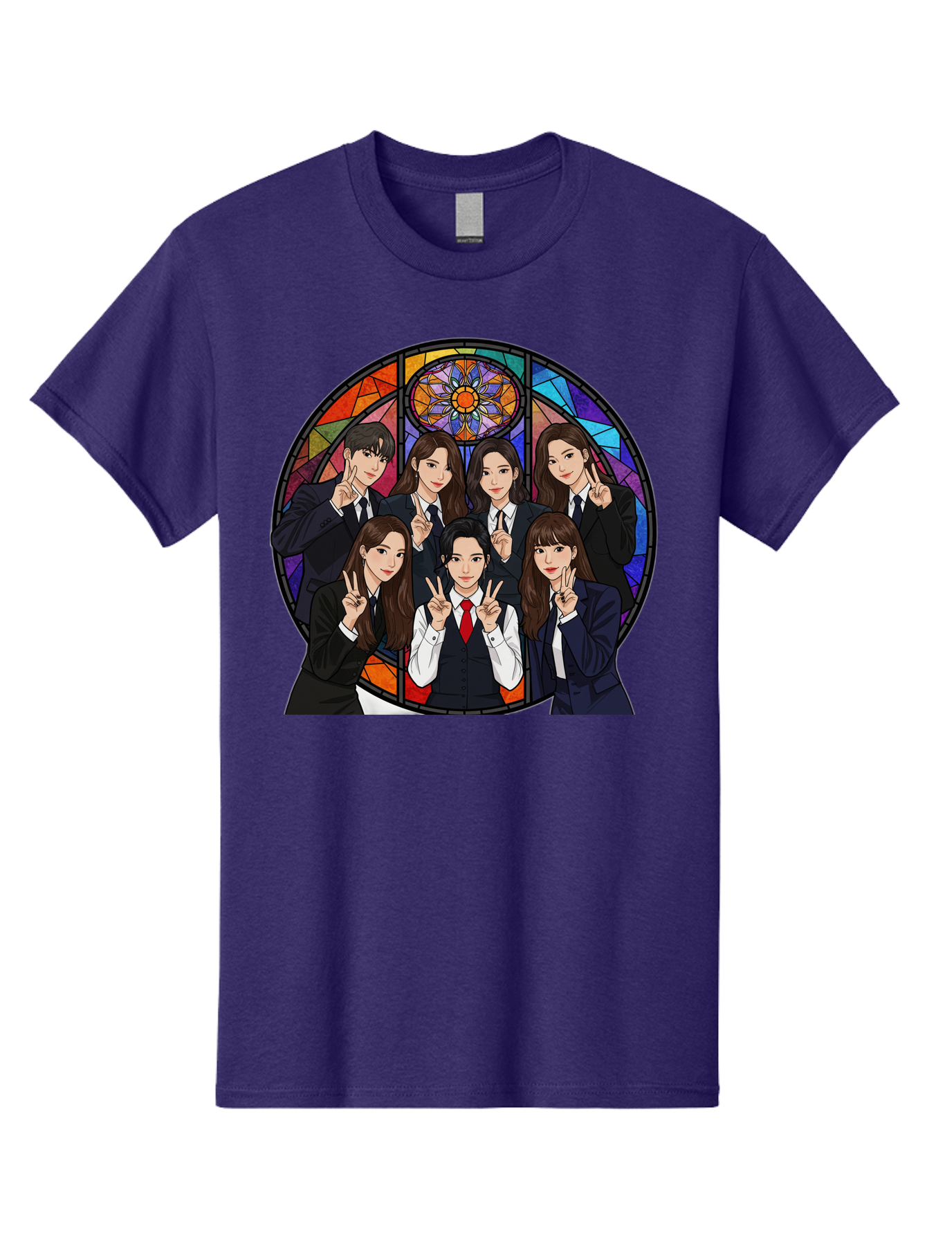 K-Pop-Group-7 Men'S Graphic Tee, 100% Cotton, Comfortable Casual Summer Wear, Machine Washable, K-Pop Group Illustration, Stained Glass Window, School Uniforms, Peace Signs, K-Pop Fashion, Group Portrait, Colorful Background, K-Pop Idols, Bac096