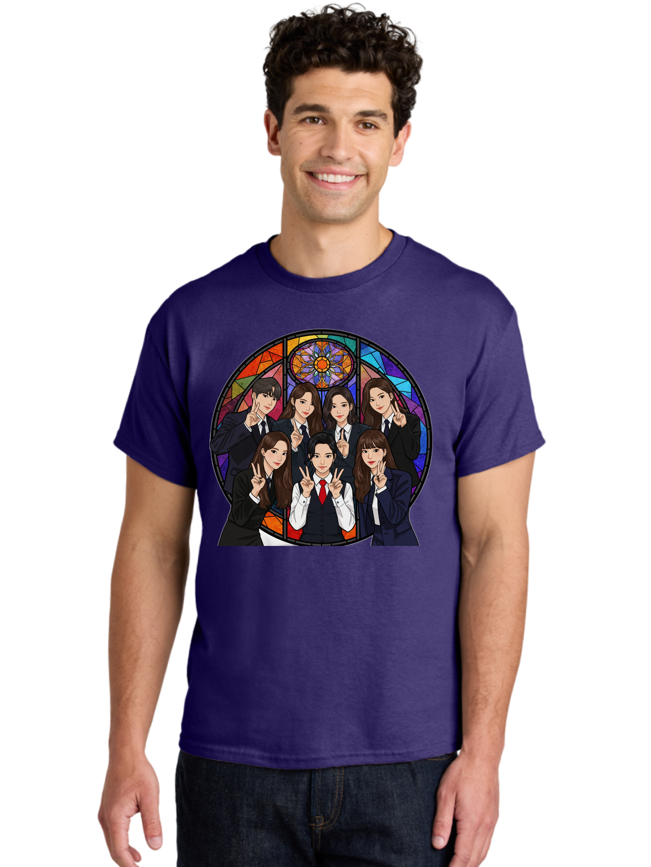 K-Pop-Group-7 Men'S Graphic Tee, 100% Cotton, Comfortable Casual Summer Wear, Machine Washable, K-Pop Group Illustration, Stained Glass Window, School Uniforms, Peace Signs, K-Pop Fashion, Group Portrait, Colorful Background, K-Pop Idols, Bac096