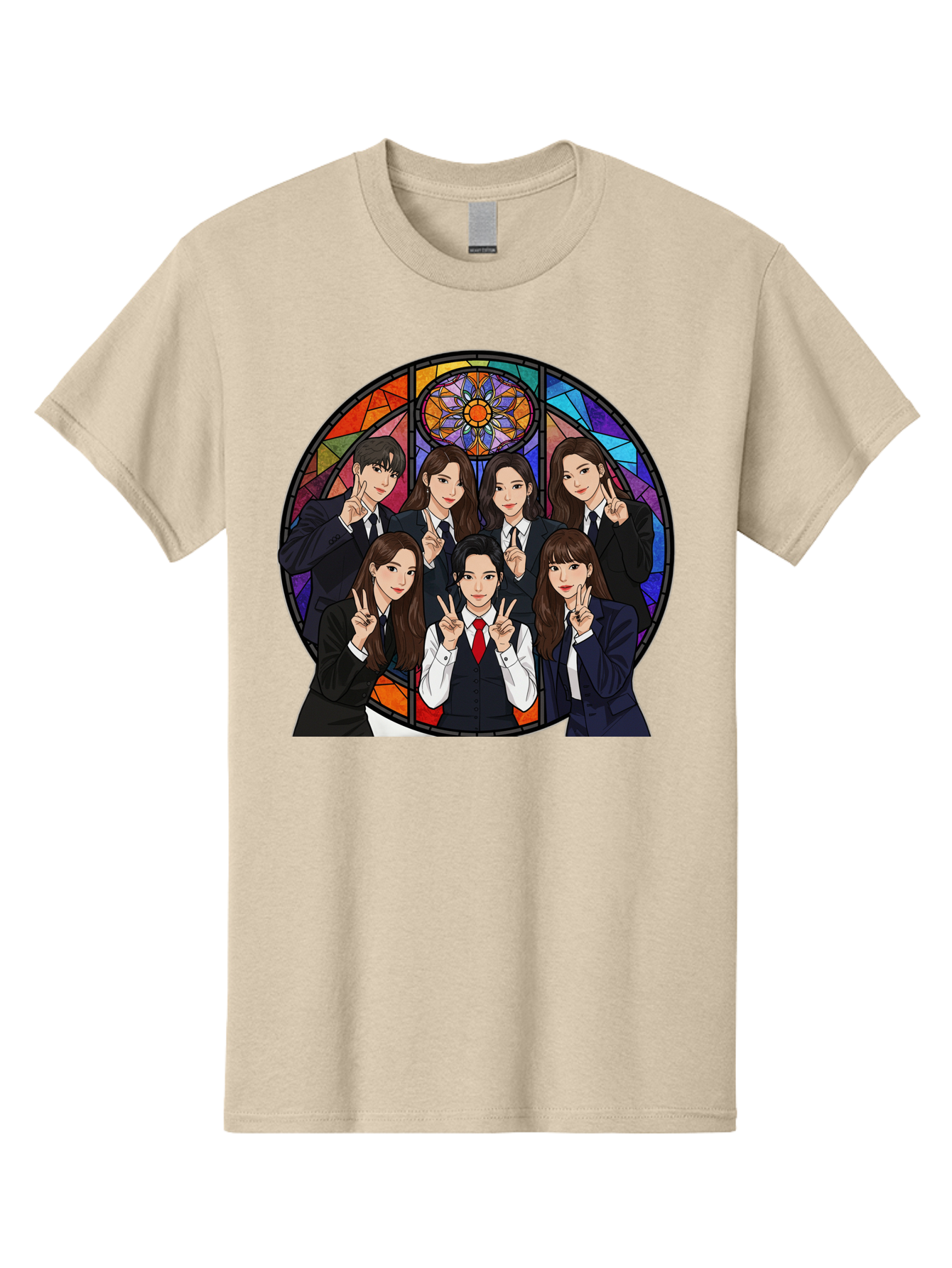 K-Pop-Group-7 Men'S Graphic Tee, 100% Cotton, Comfortable Casual Summer Wear, Machine Washable, K-Pop Group Illustration, Stained Glass Window, School Uniforms, Peace Signs, K-Pop Fashion, Group Portrait, Colorful Background, K-Pop Idols, Bac096