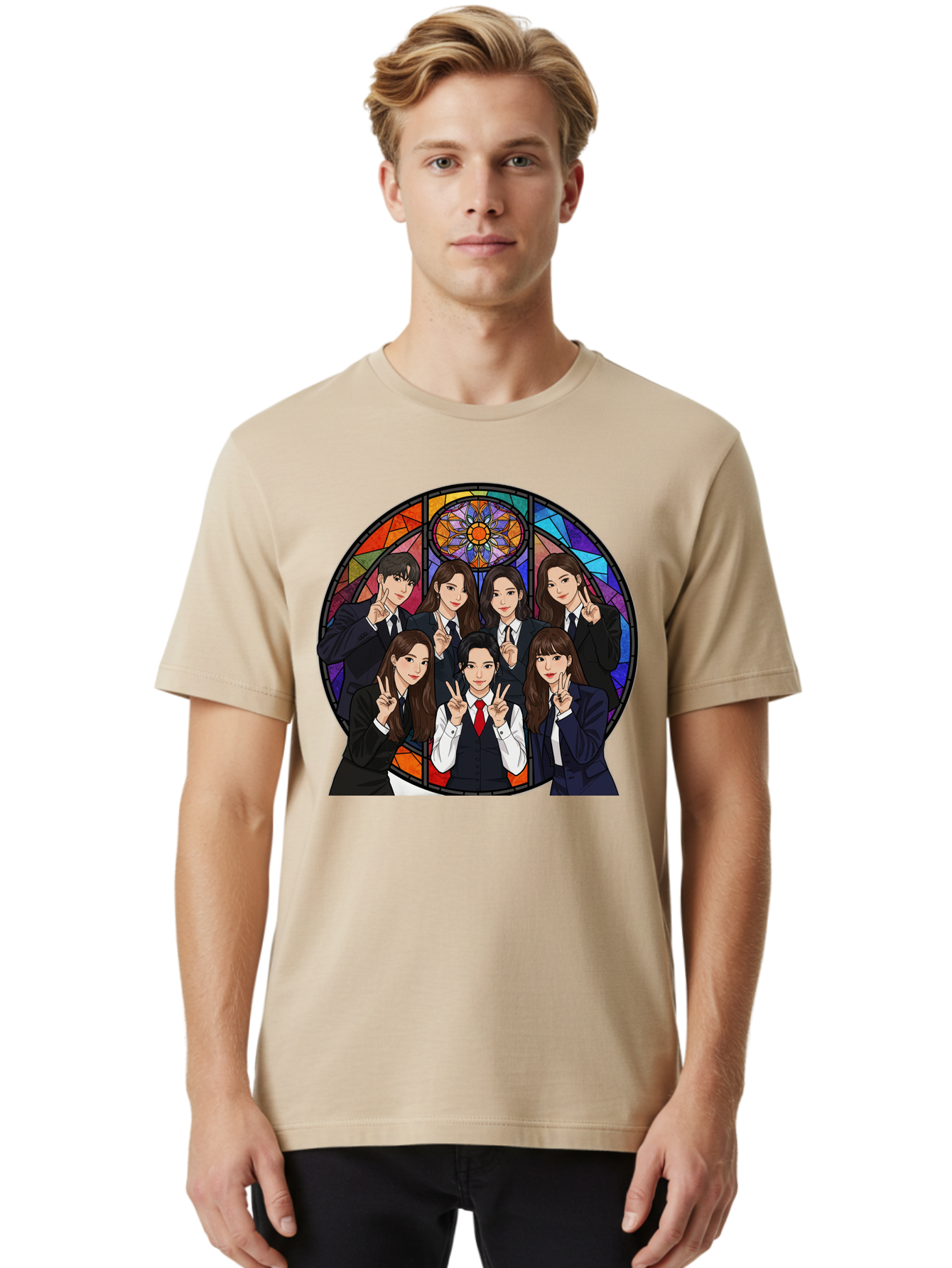 K-Pop-Group-7 Men'S Graphic Tee, 100% Cotton, Comfortable Casual Summer Wear, Machine Washable, K-Pop Group Illustration, Stained Glass Window, School Uniforms, Peace Signs, K-Pop Fashion, Group Portrait, Colorful Background, K-Pop Idols, Bac096