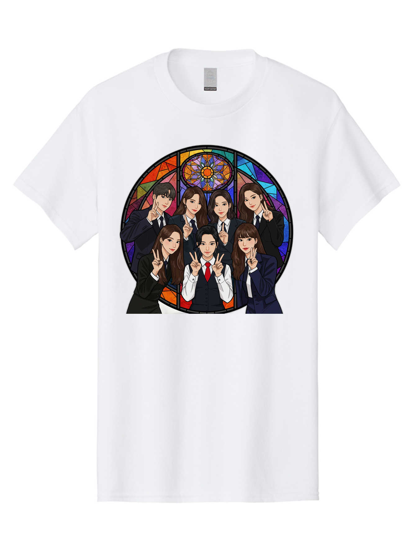 K-Pop-Group-7 Men'S Graphic Tee, 100% Cotton, Comfortable Casual Summer Wear, Machine Washable, K-Pop Group Illustration, Stained Glass Window, School Uniforms, Peace Signs, K-Pop Fashion, Group Portrait, Colorful Background, K-Pop Idols, Bac096