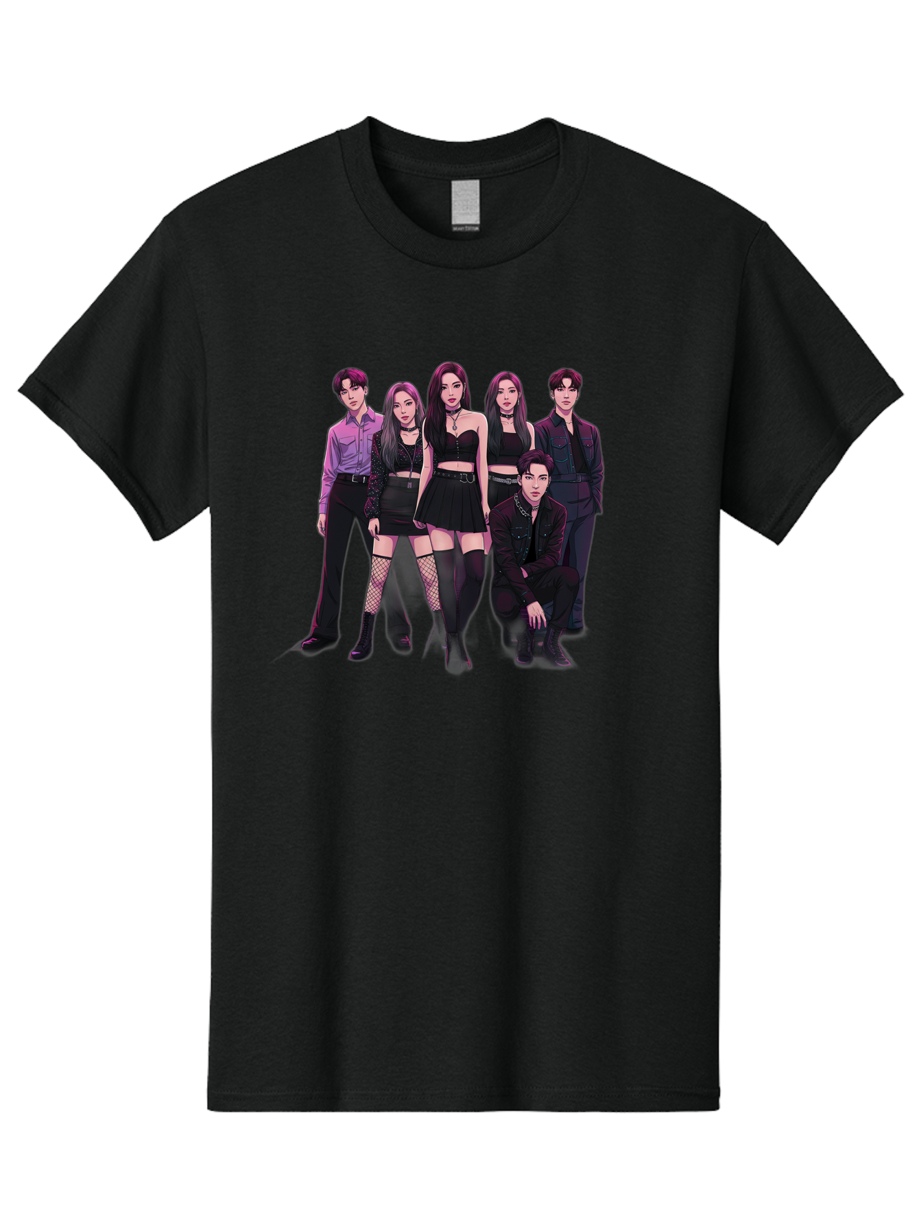 K-Pop-Group-9 Men'S Graphic Tee, 100% Cotton, Comfortable Casual Summer Wear, Machine Washable, K-Pop Group Portrait, Young Adults, Black Clothing, Edgy Style, Confident Poses, Fashion Statement, Group Shot, Pop Culture, Music Industry, Bac098