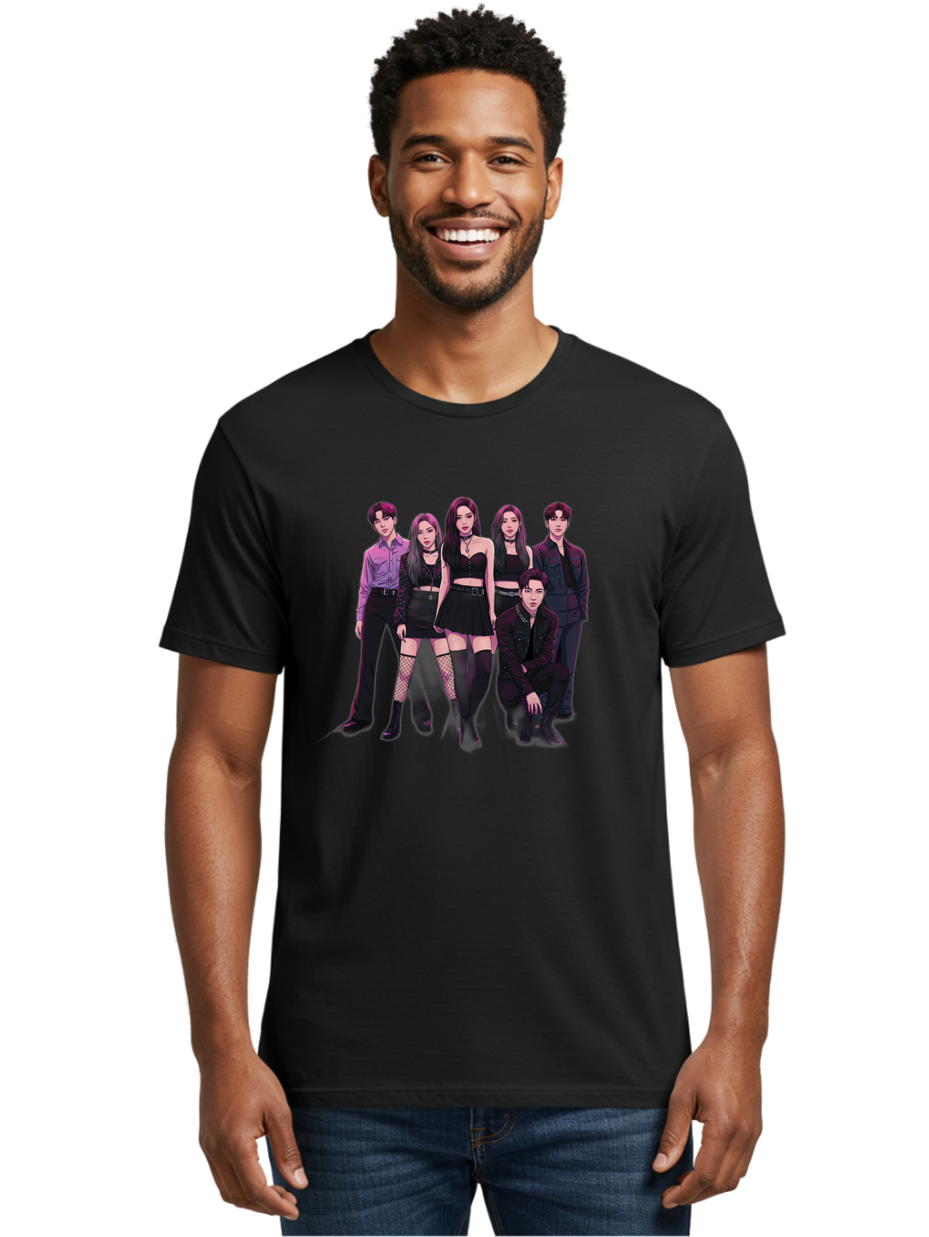 K-Pop-Group-9 Men'S Graphic Tee, 100% Cotton, Comfortable Casual Summer Wear, Machine Washable, K-Pop Group Portrait, Young Adults, Black Clothing, Edgy Style, Confident Poses, Fashion Statement, Group Shot, Pop Culture, Music Industry, Bac098