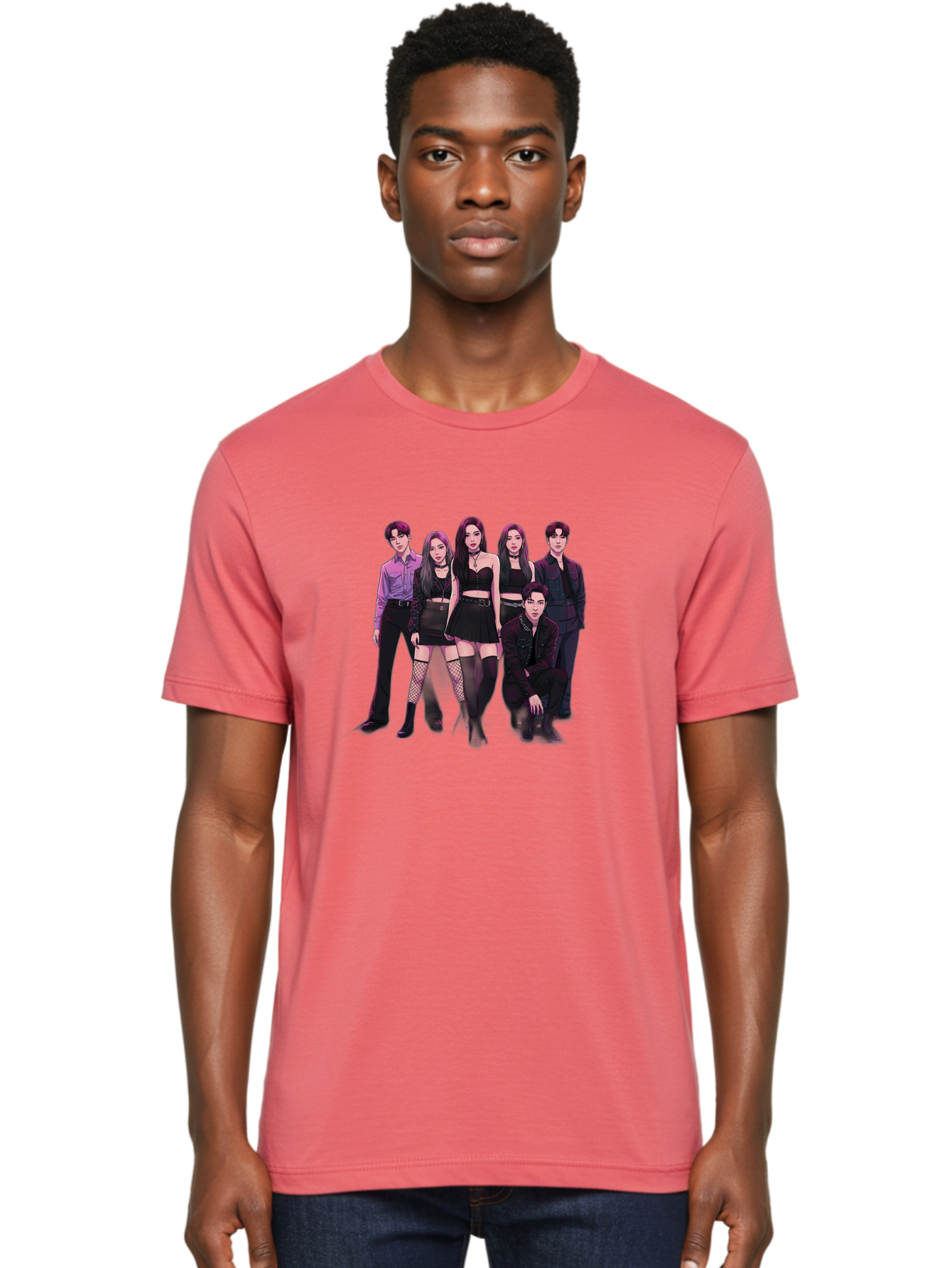 K-Pop-Group-9 Men'S Graphic Tee, 100% Cotton, Comfortable Casual Summer Wear, Machine Washable, K-Pop Group Portrait, Young Adults, Black Clothing, Edgy Style, Confident Poses, Fashion Statement, Group Shot, Pop Culture, Music Industry, Bac098