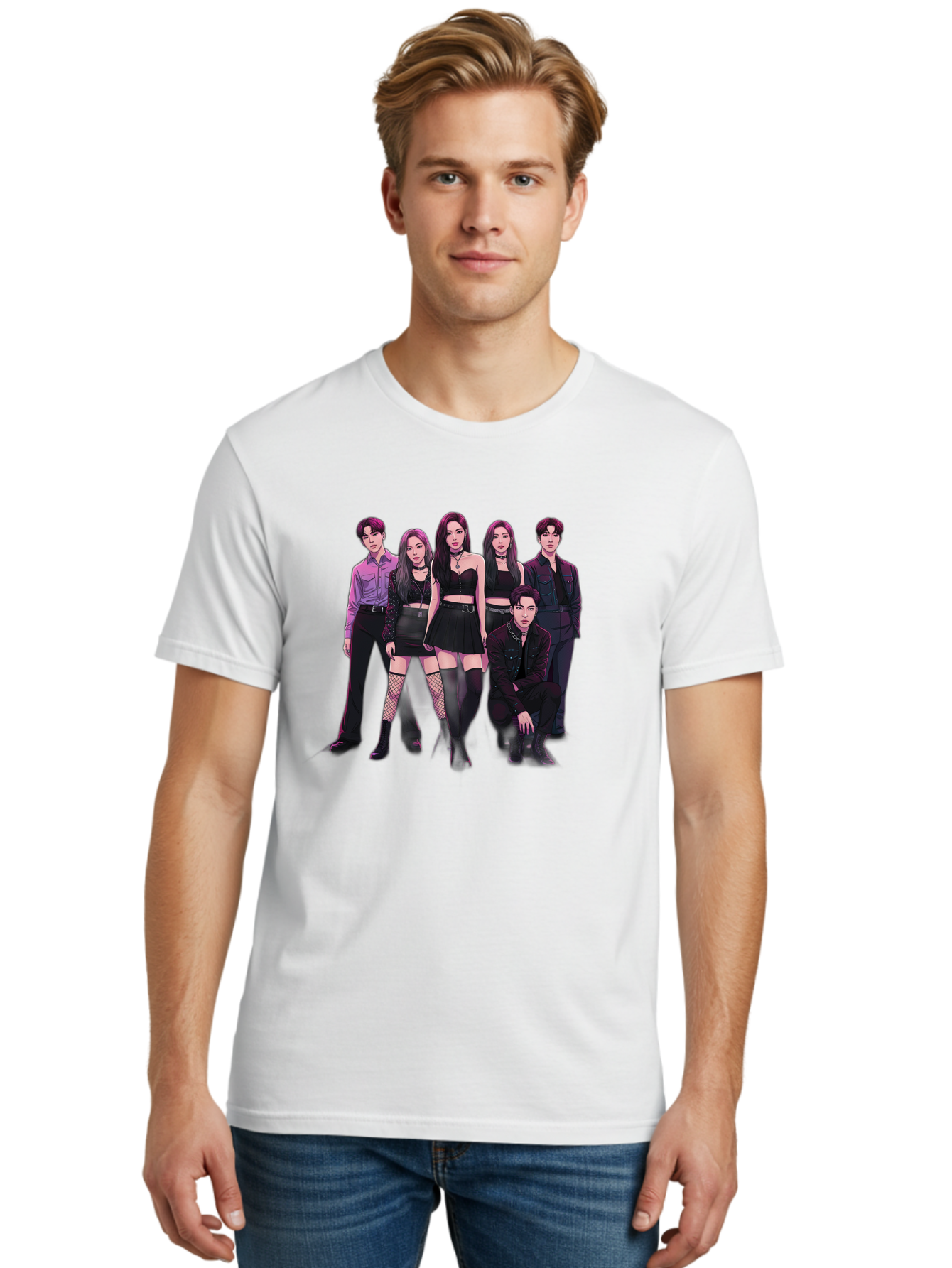 K-Pop-Group-9 Men'S Graphic Tee, 100% Cotton, Comfortable Casual Summer Wear, Machine Washable, K-Pop Group Portrait, Young Adults, Black Clothing, Edgy Style, Confident Poses, Fashion Statement, Group Shot, Pop Culture, Music Industry, Bac098