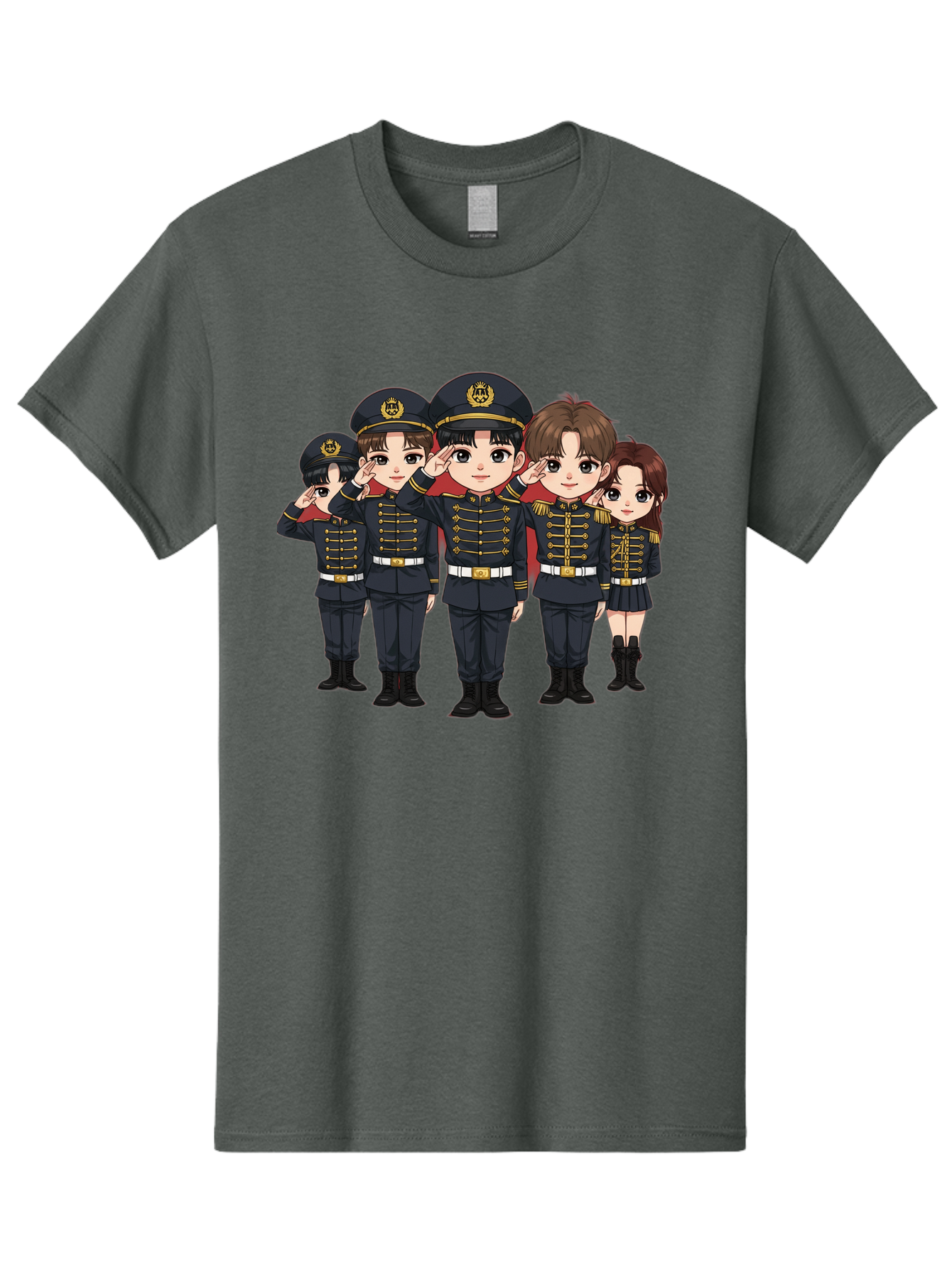 K-Pop-Group-Military-Uniform Men'S Graphic Tee, 100% Cotton, Comfortable Casual Summer Wear, Machine Washable, Anime Characters In Military Uniforms, Cartoon Illustration, Japanese Pop Culture, K-Pop Style, Military Attire, Saluting Pose, Bac099