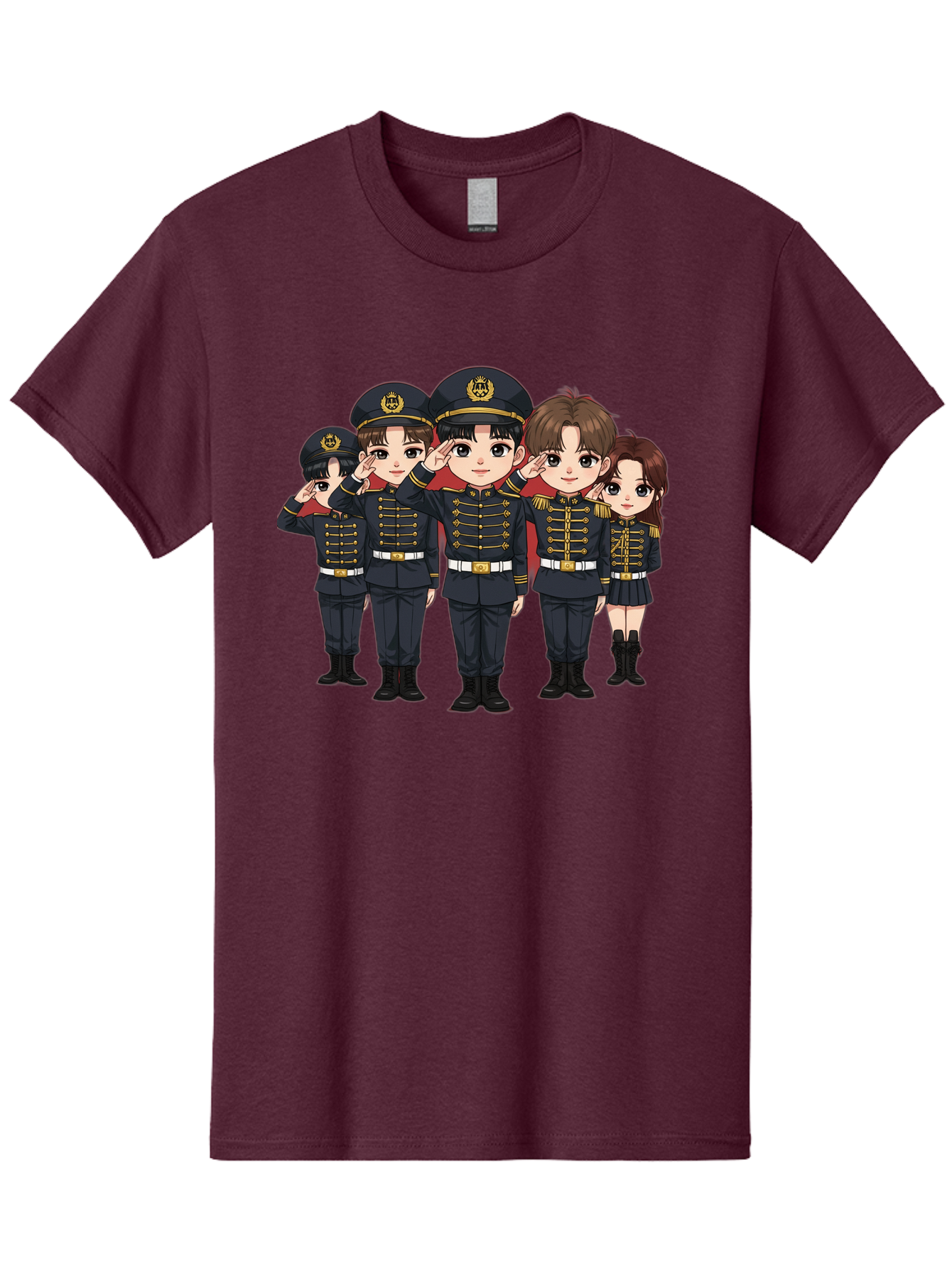 K-Pop-Group-Military-Uniform Men'S Graphic Tee, 100% Cotton, Comfortable Casual Summer Wear, Machine Washable, Anime Characters In Military Uniforms, Cartoon Illustration, Japanese Pop Culture, K-Pop Style, Military Attire, Saluting Pose, Bac099