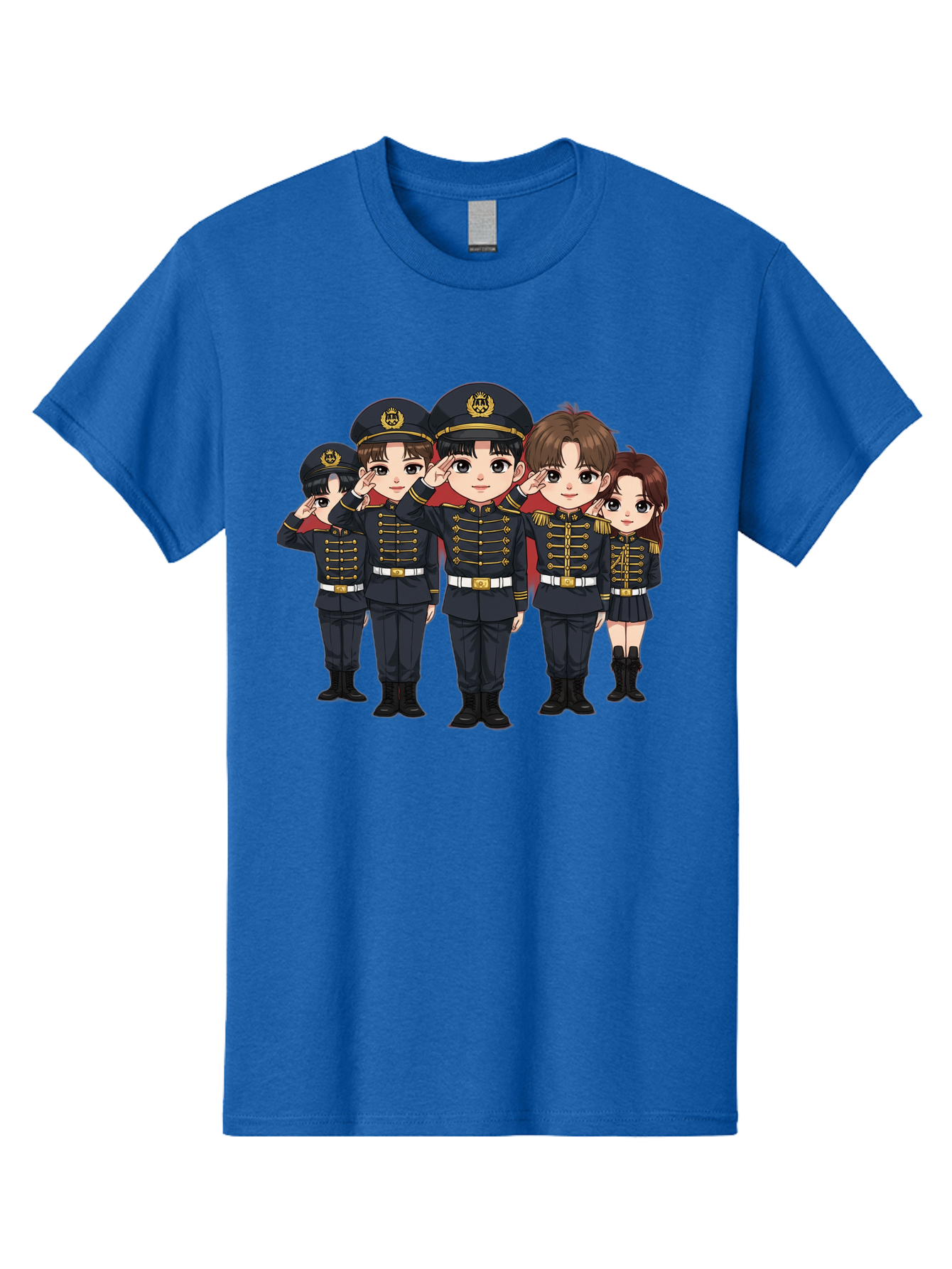 K-Pop-Group-Military-Uniform Men'S Graphic Tee, 100% Cotton, Comfortable Casual Summer Wear, Machine Washable, Anime Characters In Military Uniforms, Cartoon Illustration, Japanese Pop Culture, K-Pop Style, Military Attire, Saluting Pose, Bac099