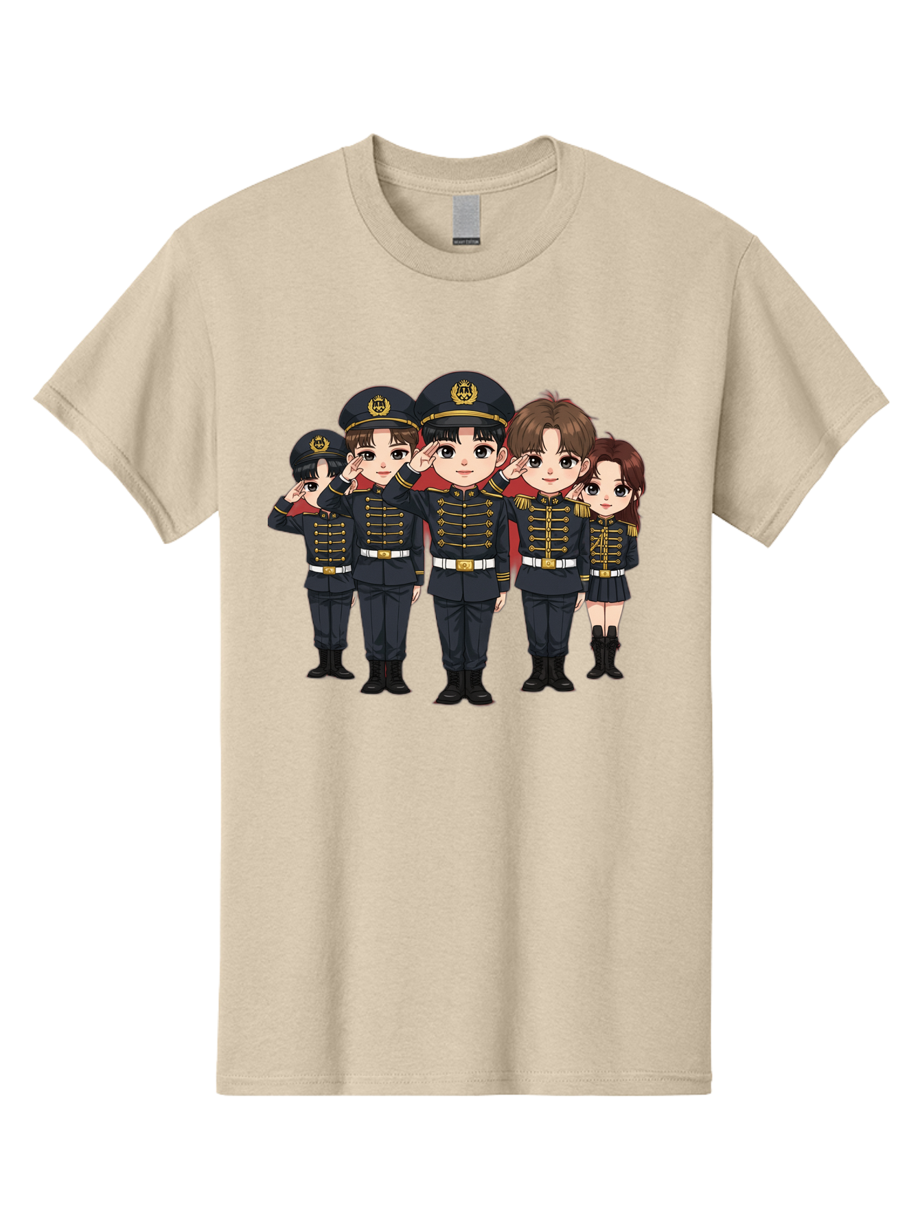 K-Pop-Group-Military-Uniform Men'S Graphic Tee, 100% Cotton, Comfortable Casual Summer Wear, Machine Washable, Anime Characters In Military Uniforms, Cartoon Illustration, Japanese Pop Culture, K-Pop Style, Military Attire, Saluting Pose, Bac099