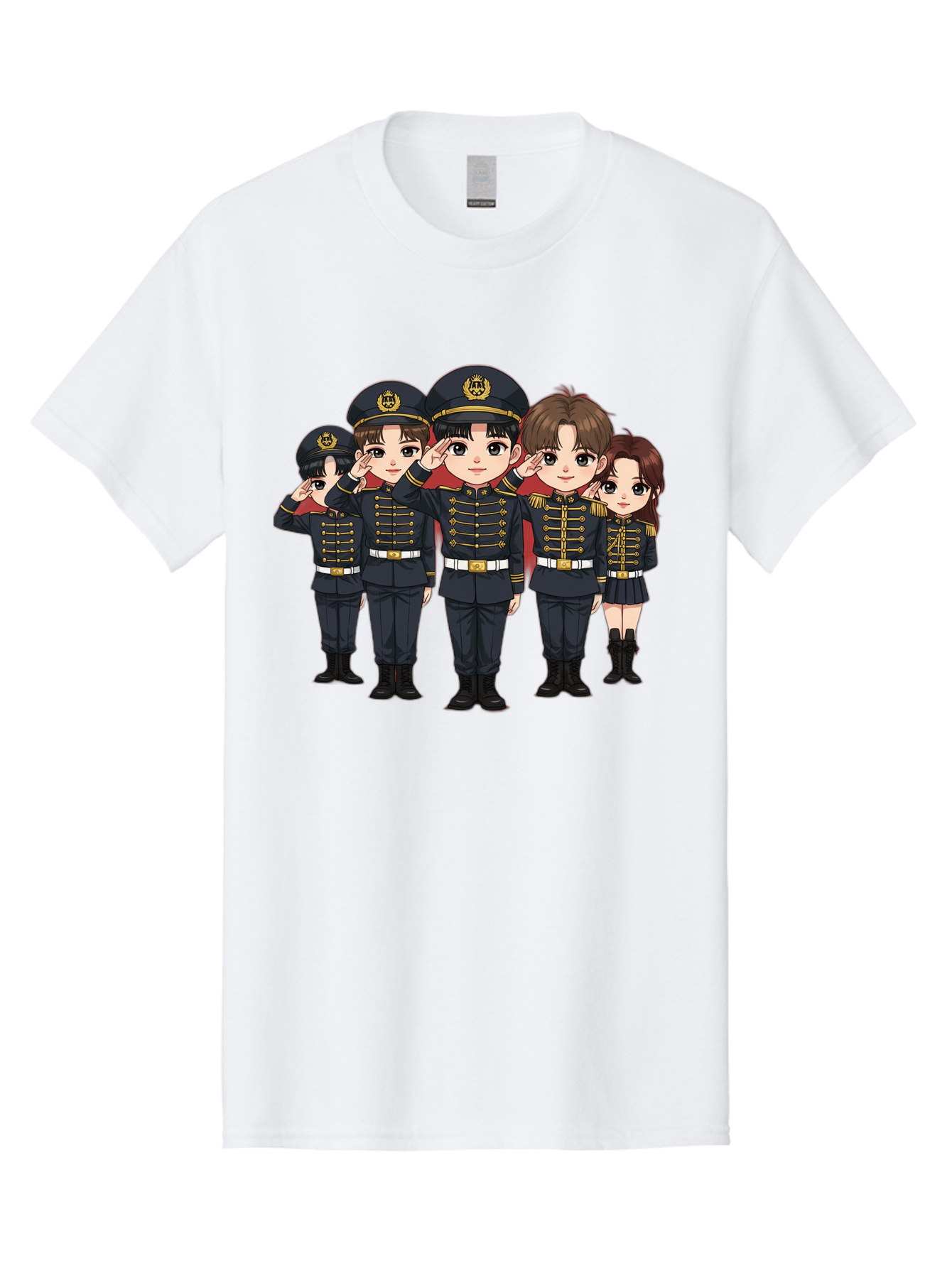 K-Pop-Group-Military-Uniform Men'S Graphic Tee, 100% Cotton, Comfortable Casual Summer Wear, Machine Washable, Anime Characters In Military Uniforms, Cartoon Illustration, Japanese Pop Culture, K-Pop Style, Military Attire, Saluting Pose, Bac099