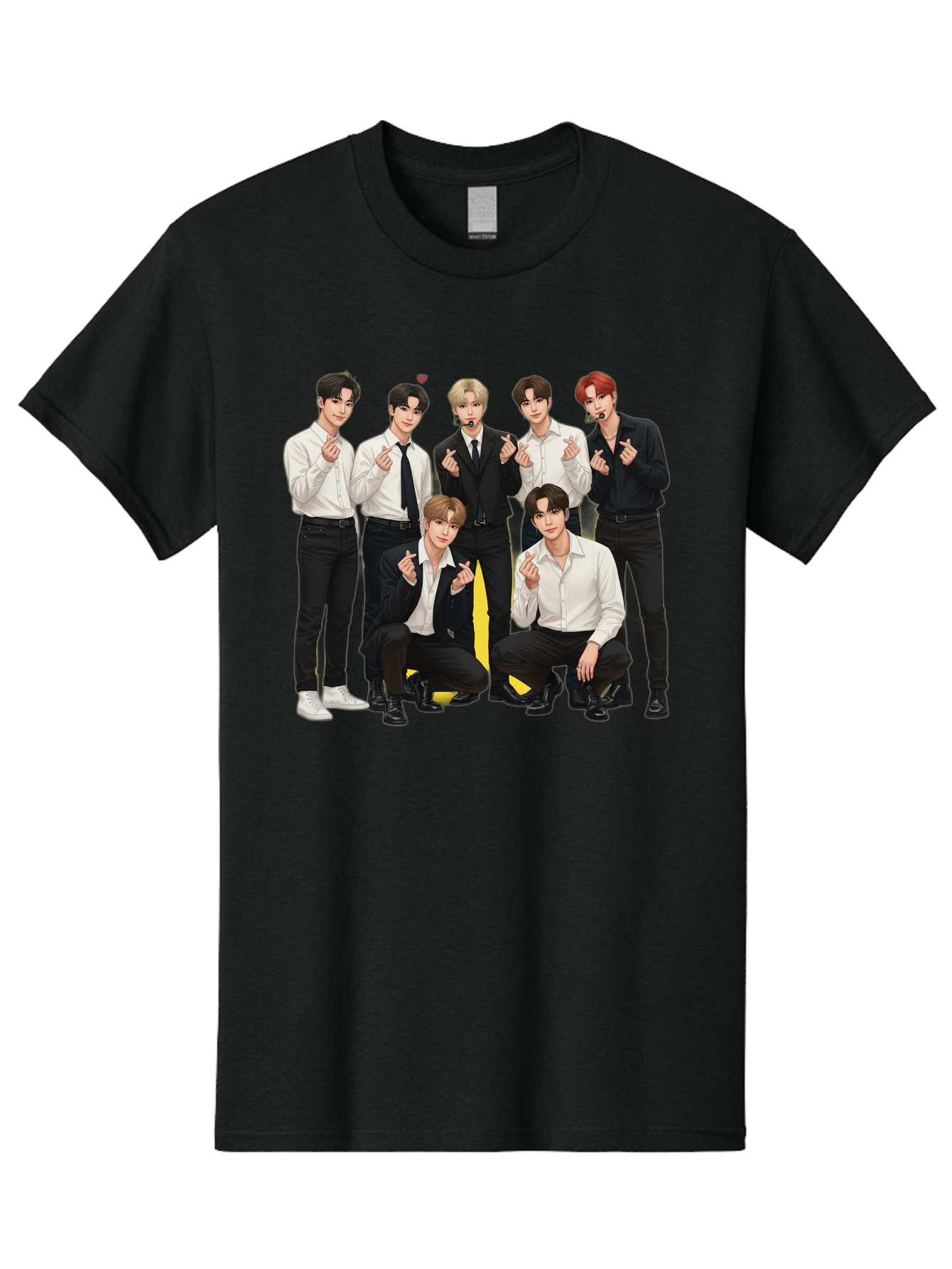 K-Pop-Group Men'S Graphic Tee, 100% Cotton, Comfortable Casual Summer Wear, Machine Washable, Seven-Member K-Pop Group, Formal Attire, Black And White Clothing, Posing For A Photo, Headsets, Finger Hearts, Group Shot, K-Pop Fashion, Bac100