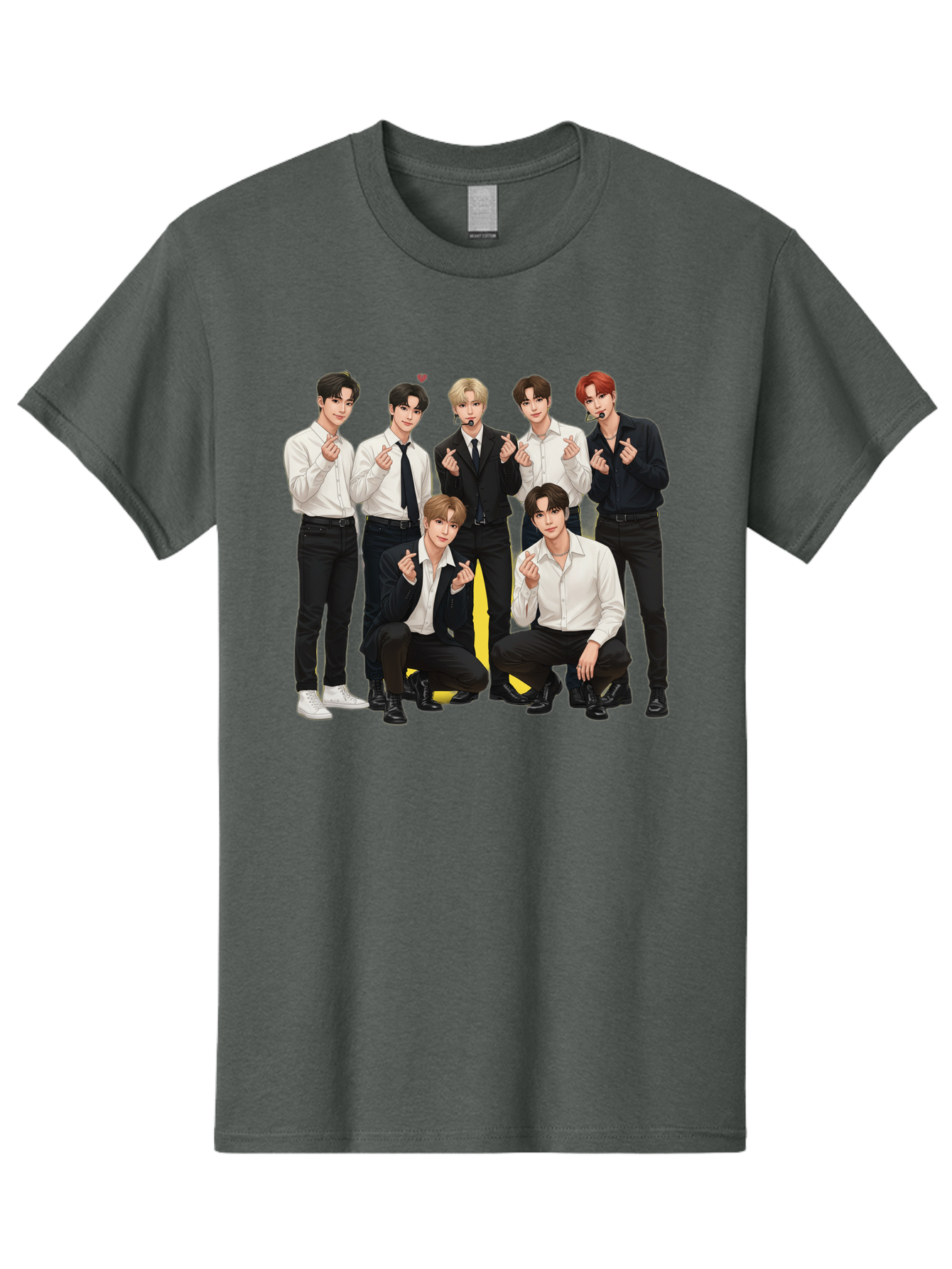 K-Pop-Group Men'S Graphic Tee, 100% Cotton, Comfortable Casual Summer Wear, Machine Washable, Seven-Member K-Pop Group, Formal Attire, Black And White Clothing, Posing For A Photo, Headsets, Finger Hearts, Group Shot, K-Pop Fashion, Bac100