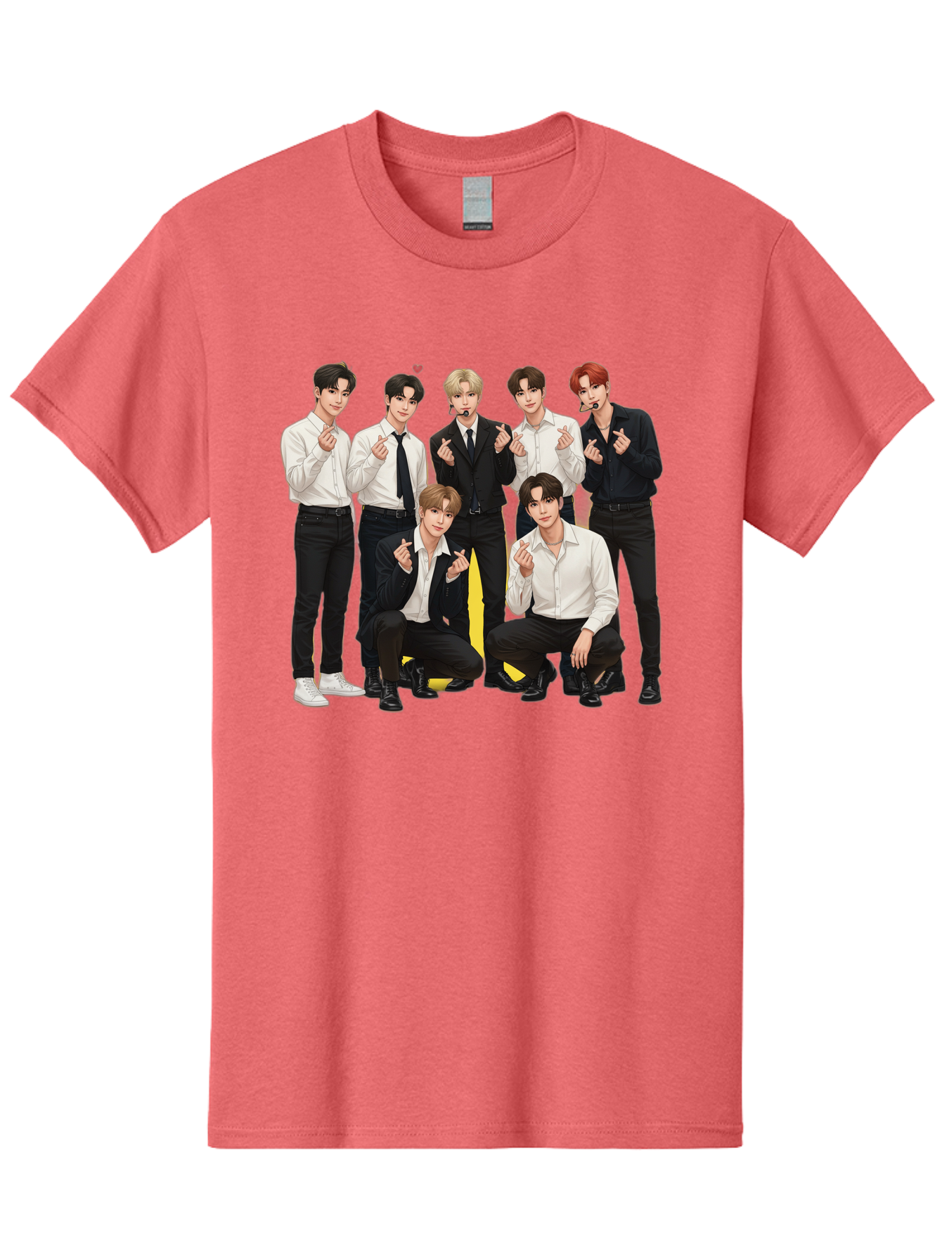 K-Pop-Group Men'S Graphic Tee, 100% Cotton, Comfortable Casual Summer Wear, Machine Washable, Seven-Member K-Pop Group, Formal Attire, Black And White Clothing, Posing For A Photo, Headsets, Finger Hearts, Group Shot, K-Pop Fashion, Bac100
