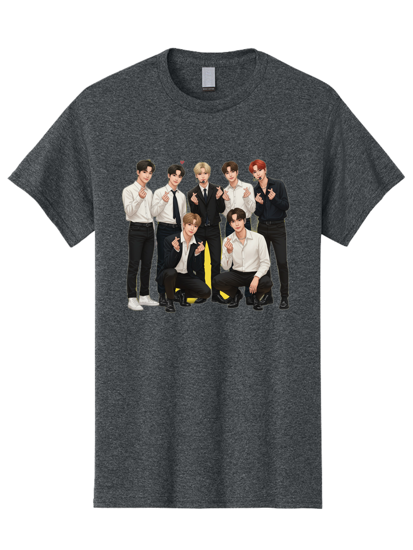 K-Pop-Group Men'S Graphic Tee, 100% Cotton, Comfortable Casual Summer Wear, Machine Washable, Seven-Member K-Pop Group, Formal Attire, Black And White Clothing, Posing For A Photo, Headsets, Finger Hearts, Group Shot, K-Pop Fashion, Bac100