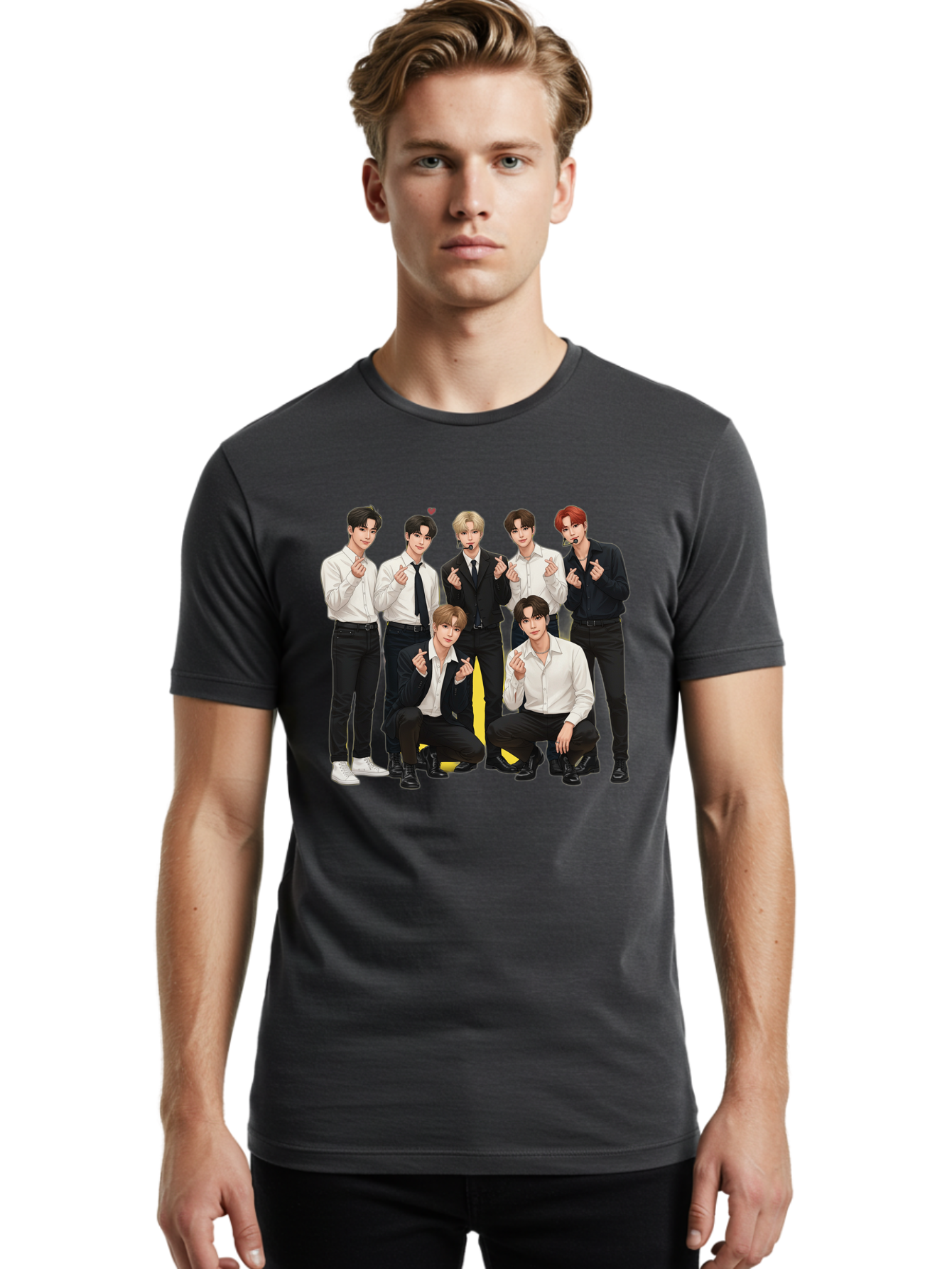 K-Pop-Group Men'S Graphic Tee, 100% Cotton, Comfortable Casual Summer Wear, Machine Washable, Seven-Member K-Pop Group, Formal Attire, Black And White Clothing, Posing For A Photo, Headsets, Finger Hearts, Group Shot, K-Pop Fashion, Bac100