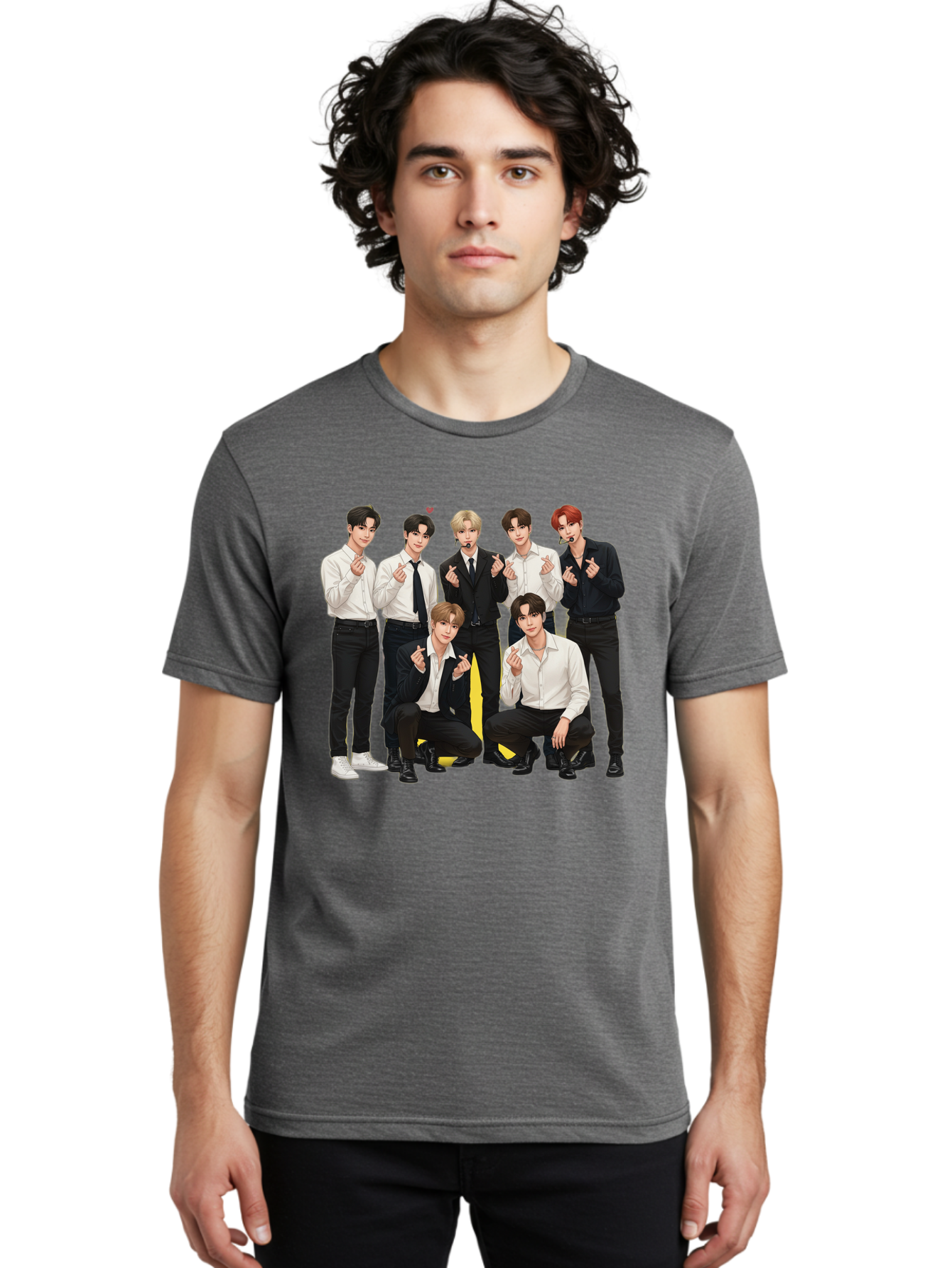 K-Pop-Group Men'S Graphic Tee, 100% Cotton, Comfortable Casual Summer Wear, Machine Washable, Seven-Member K-Pop Group, Formal Attire, Black And White Clothing, Posing For A Photo, Headsets, Finger Hearts, Group Shot, K-Pop Fashion, Bac100