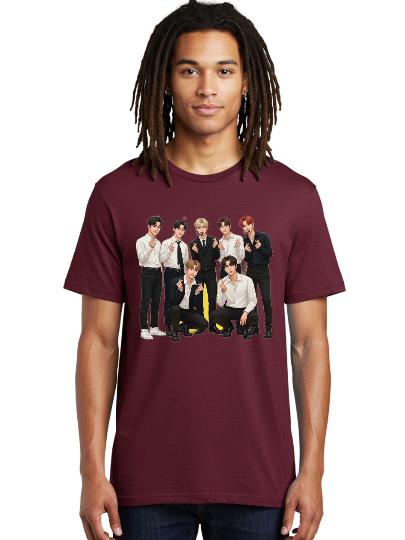 K-Pop-Group Men'S Graphic Tee, 100% Cotton, Comfortable Casual Summer Wear, Machine Washable, Seven-Member K-Pop Group, Formal Attire, Black And White Clothing, Posing For A Photo, Headsets, Finger Hearts, Group Shot, K-Pop Fashion, Bac100