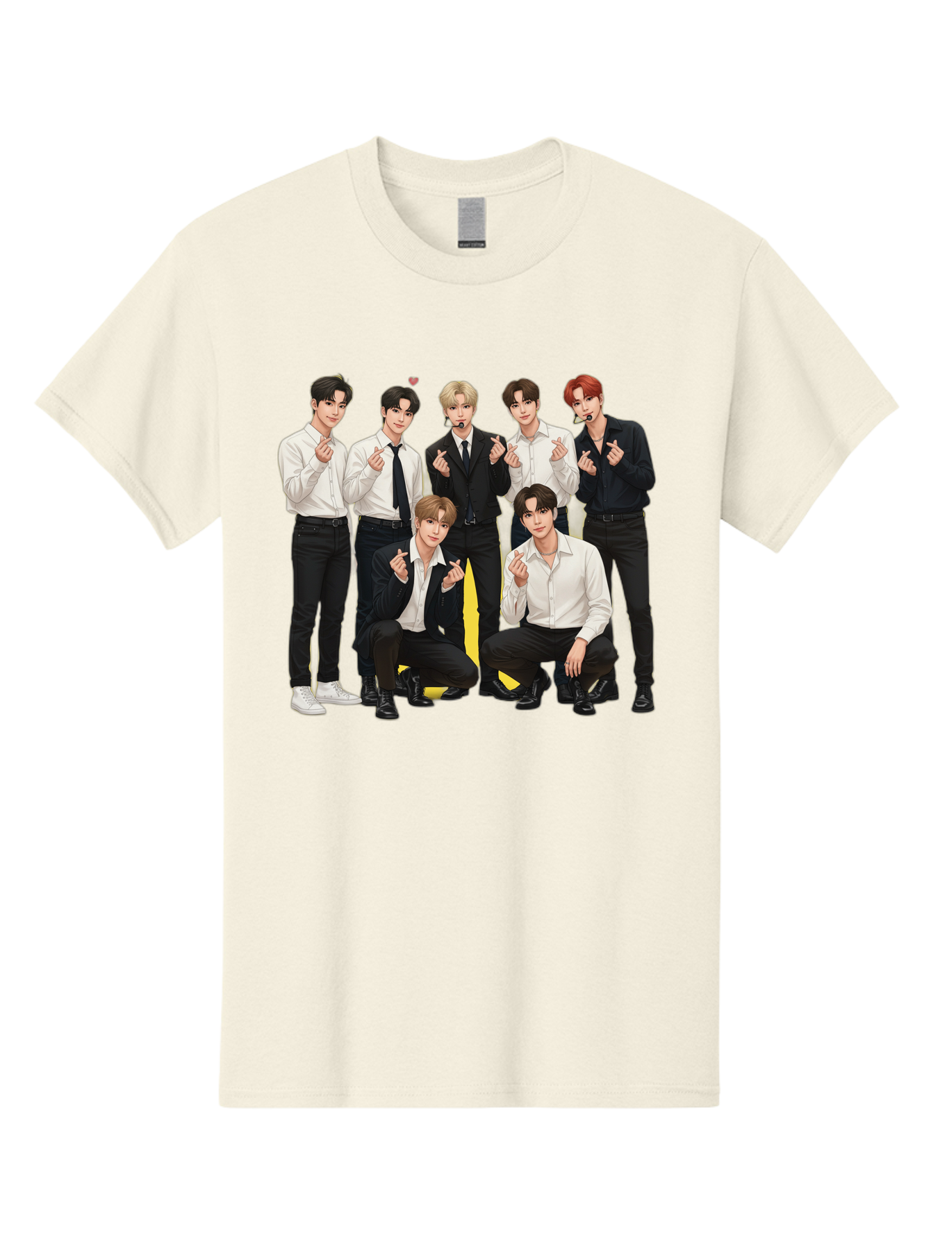 K-Pop-Group Men'S Graphic Tee, 100% Cotton, Comfortable Casual Summer Wear, Machine Washable, Seven-Member K-Pop Group, Formal Attire, Black And White Clothing, Posing For A Photo, Headsets, Finger Hearts, Group Shot, K-Pop Fashion, Bac100
