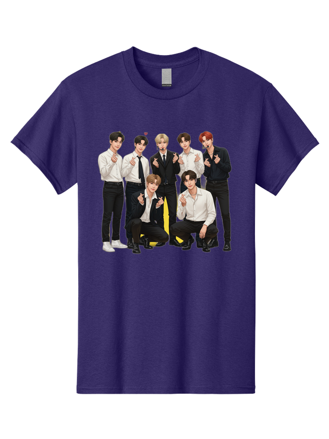 K-Pop-Group Men'S Graphic Tee, 100% Cotton, Comfortable Casual Summer Wear, Machine Washable, Seven-Member K-Pop Group, Formal Attire, Black And White Clothing, Posing For A Photo, Headsets, Finger Hearts, Group Shot, K-Pop Fashion, Bac100