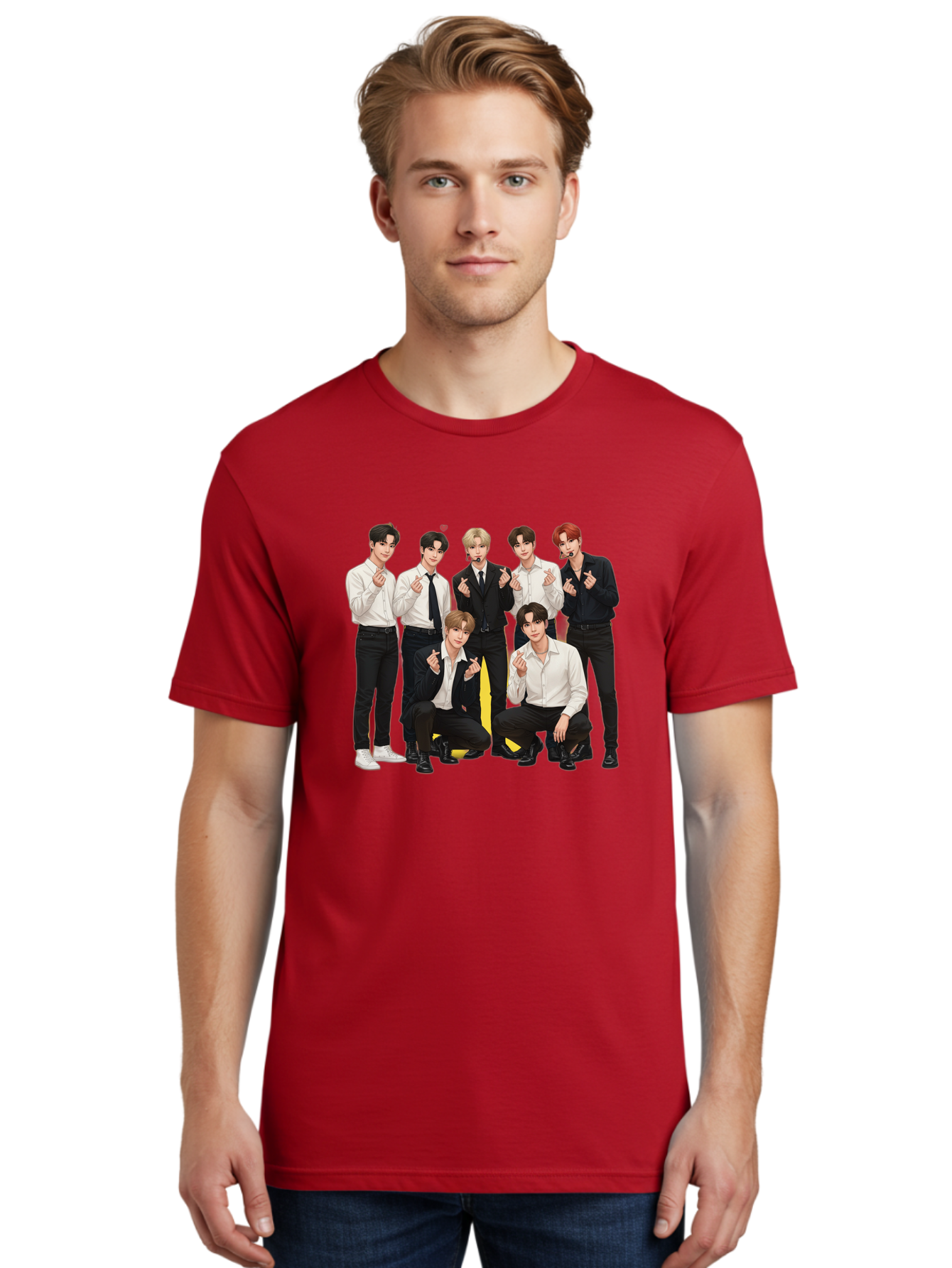 K-Pop-Group Men'S Graphic Tee, 100% Cotton, Comfortable Casual Summer Wear, Machine Washable, Seven-Member K-Pop Group, Formal Attire, Black And White Clothing, Posing For A Photo, Headsets, Finger Hearts, Group Shot, K-Pop Fashion, Bac100