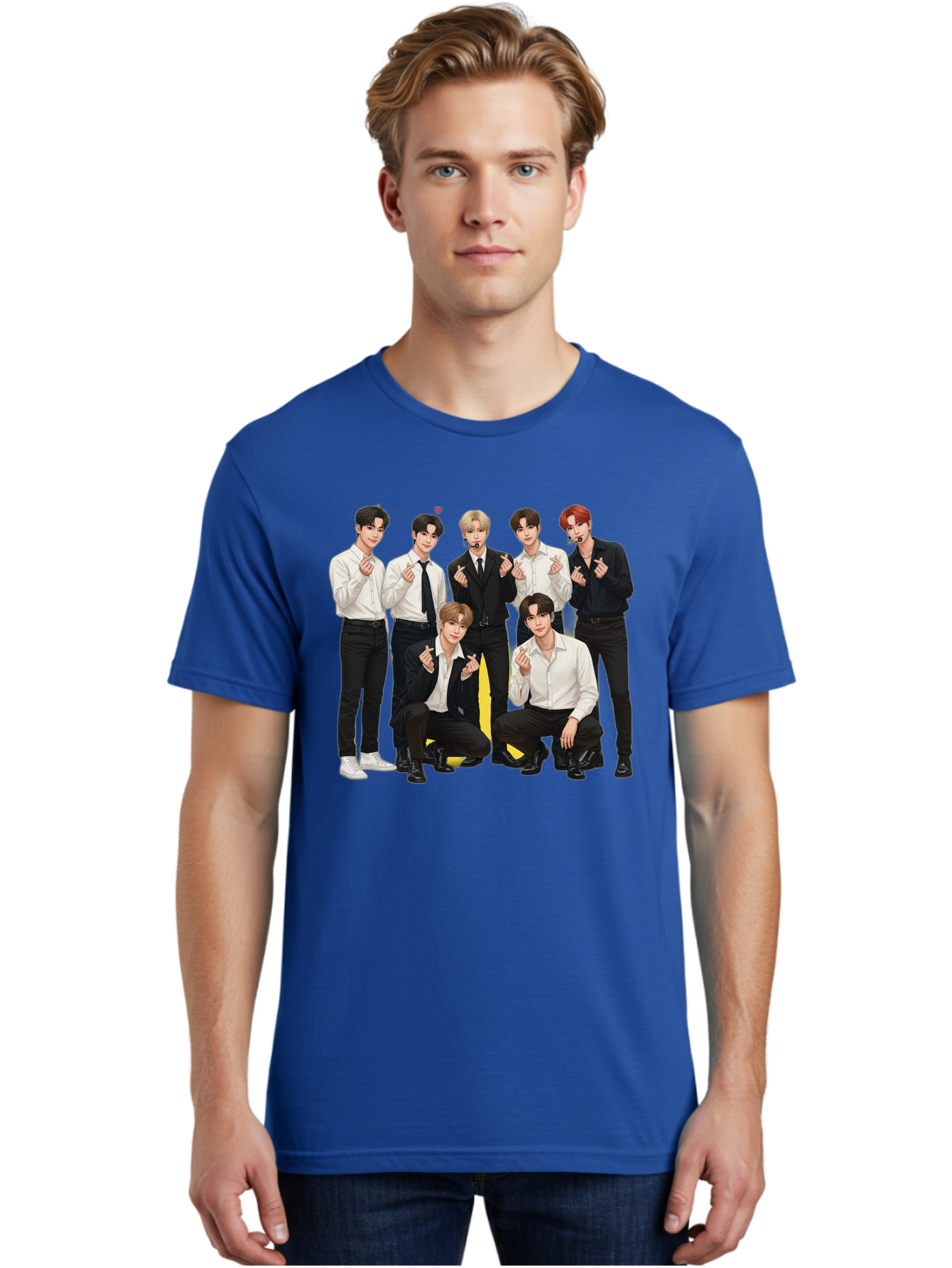 K-Pop-Group Men'S Graphic Tee, 100% Cotton, Comfortable Casual Summer Wear, Machine Washable, Seven-Member K-Pop Group, Formal Attire, Black And White Clothing, Posing For A Photo, Headsets, Finger Hearts, Group Shot, K-Pop Fashion, Bac100