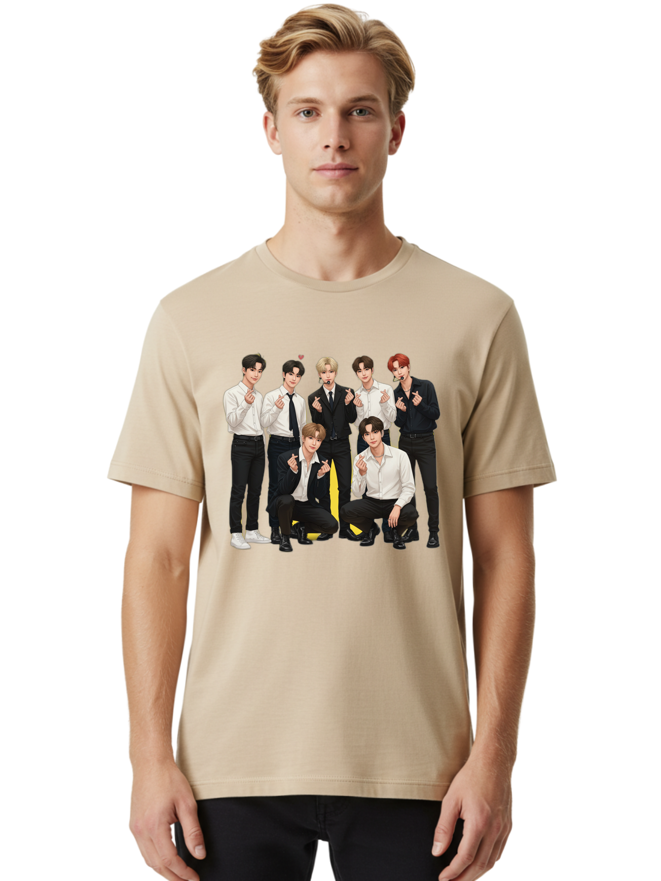 K-Pop-Group Men'S Graphic Tee, 100% Cotton, Comfortable Casual Summer Wear, Machine Washable, Seven-Member K-Pop Group, Formal Attire, Black And White Clothing, Posing For A Photo, Headsets, Finger Hearts, Group Shot, K-Pop Fashion, Bac100