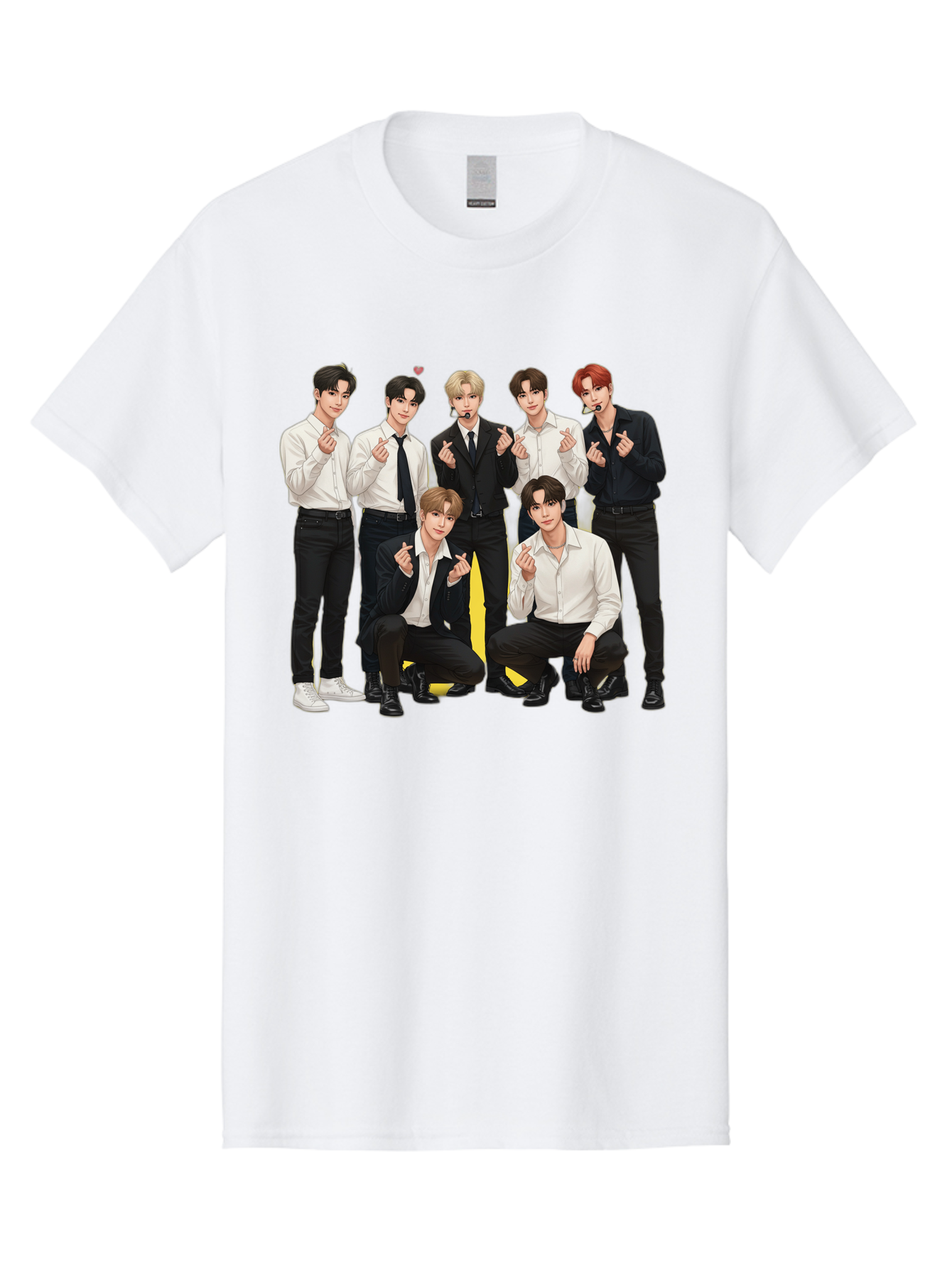 K-Pop-Group Men'S Graphic Tee, 100% Cotton, Comfortable Casual Summer Wear, Machine Washable, Seven-Member K-Pop Group, Formal Attire, Black And White Clothing, Posing For A Photo, Headsets, Finger Hearts, Group Shot, K-Pop Fashion, Bac100