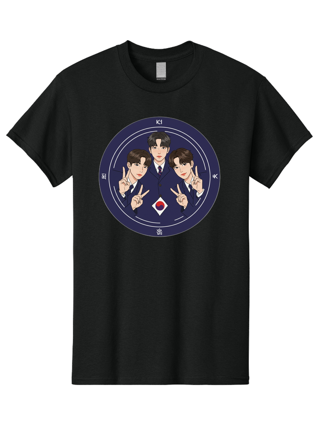 K-Pop-Idol-Trio Men'S Graphic Tee, 100% Cotton, Comfortable Casual Summer Wear, Machine Washable, K-Pop Group, Three Members, Blue Suits, Korean Flag, Peace Signs, K-Pop Fashion, Korean Pop Culture, Group Portrait, Stylish Hairstyles, Bac101