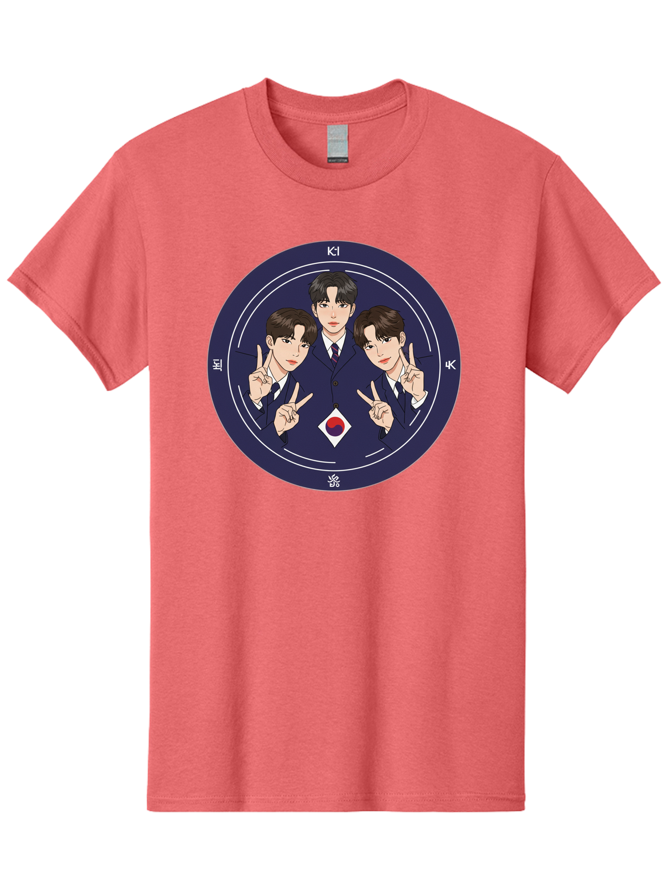 K-Pop-Idol-Trio Men'S Graphic Tee, 100% Cotton, Comfortable Casual Summer Wear, Machine Washable, K-Pop Group, Three Members, Blue Suits, Korean Flag, Peace Signs, K-Pop Fashion, Korean Pop Culture, Group Portrait, Stylish Hairstyles, Bac101