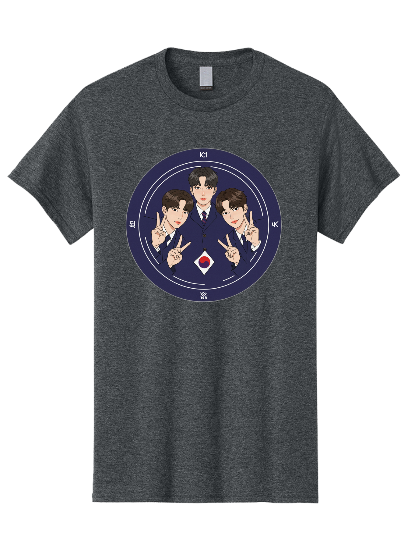 K-Pop-Idol-Trio Men'S Graphic Tee, 100% Cotton, Comfortable Casual Summer Wear, Machine Washable, K-Pop Group, Three Members, Blue Suits, Korean Flag, Peace Signs, K-Pop Fashion, Korean Pop Culture, Group Portrait, Stylish Hairstyles, Bac101