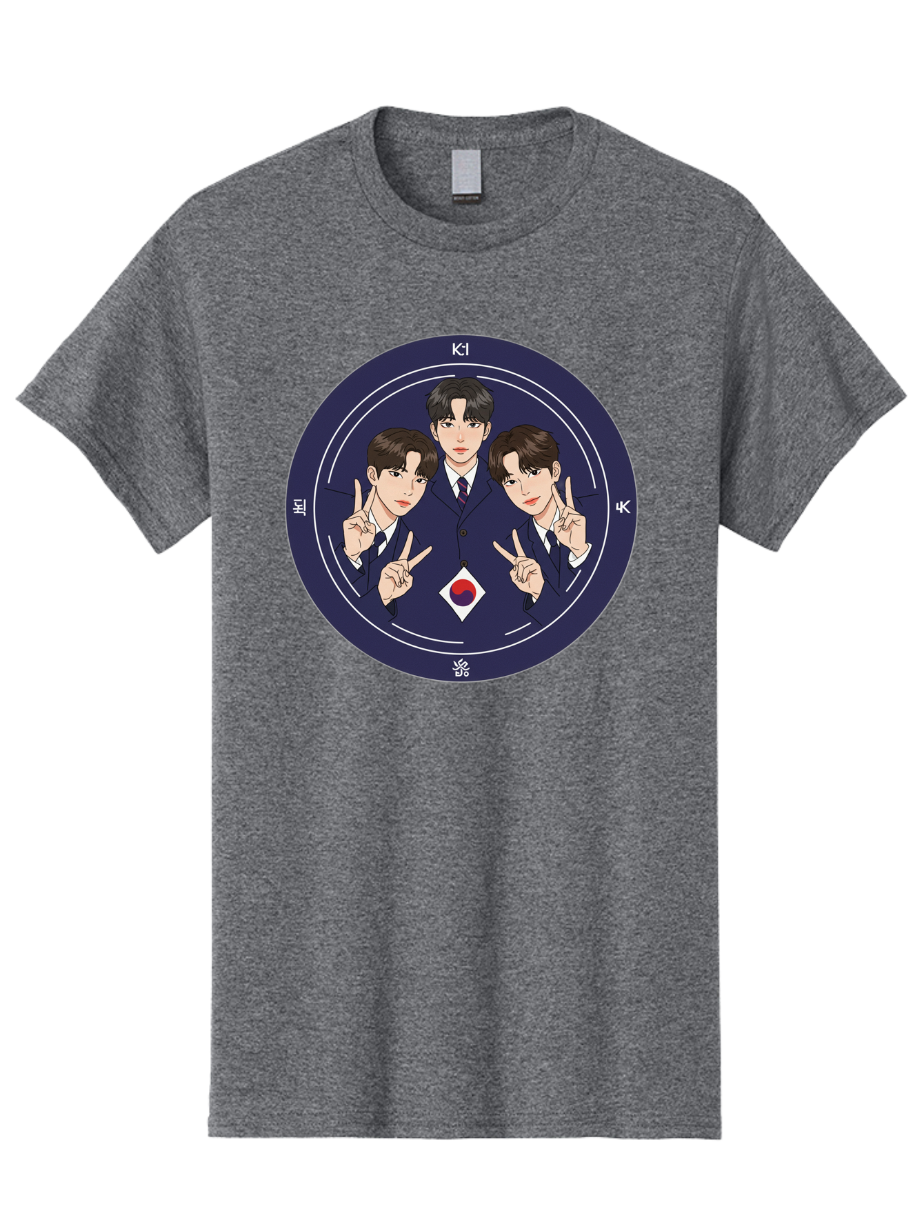 K-Pop-Idol-Trio Men'S Graphic Tee, 100% Cotton, Comfortable Casual Summer Wear, Machine Washable, K-Pop Group, Three Members, Blue Suits, Korean Flag, Peace Signs, K-Pop Fashion, Korean Pop Culture, Group Portrait, Stylish Hairstyles, Bac101