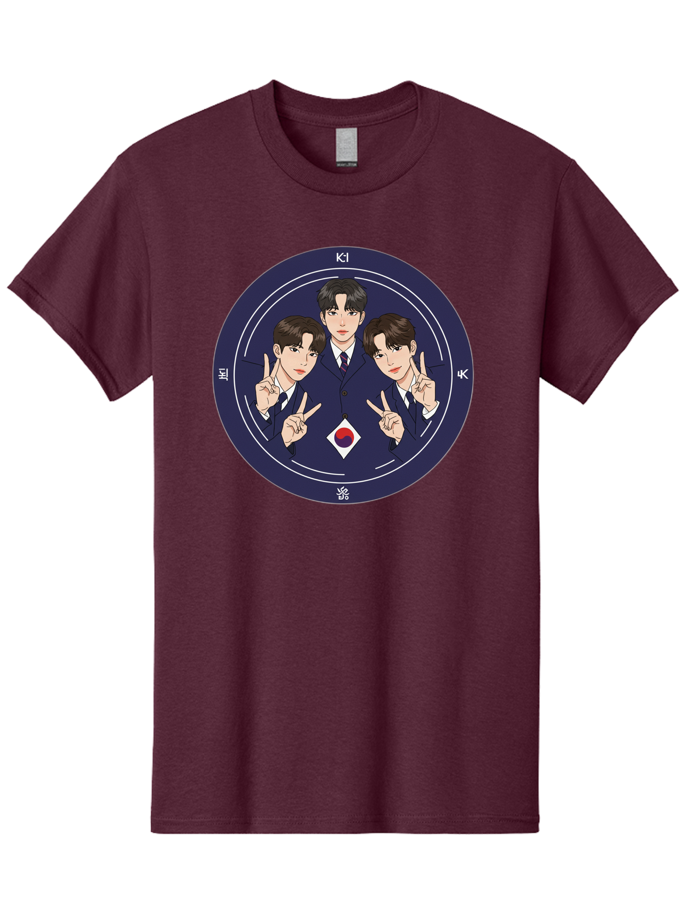 K-Pop-Idol-Trio Men'S Graphic Tee, 100% Cotton, Comfortable Casual Summer Wear, Machine Washable, K-Pop Group, Three Members, Blue Suits, Korean Flag, Peace Signs, K-Pop Fashion, Korean Pop Culture, Group Portrait, Stylish Hairstyles, Bac101