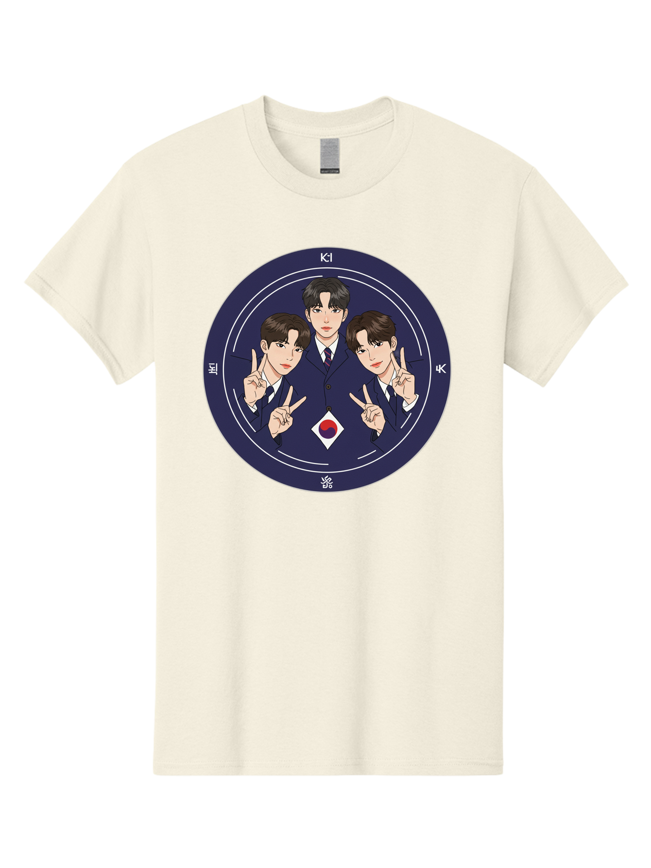 K-Pop-Idol-Trio Men'S Graphic Tee, 100% Cotton, Comfortable Casual Summer Wear, Machine Washable, K-Pop Group, Three Members, Blue Suits, Korean Flag, Peace Signs, K-Pop Fashion, Korean Pop Culture, Group Portrait, Stylish Hairstyles, Bac101