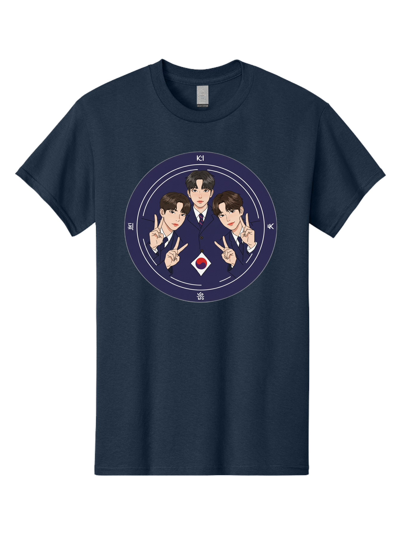 K-Pop-Idol-Trio Men'S Graphic Tee, 100% Cotton, Comfortable Casual Summer Wear, Machine Washable, K-Pop Group, Three Members, Blue Suits, Korean Flag, Peace Signs, K-Pop Fashion, Korean Pop Culture, Group Portrait, Stylish Hairstyles, Bac101