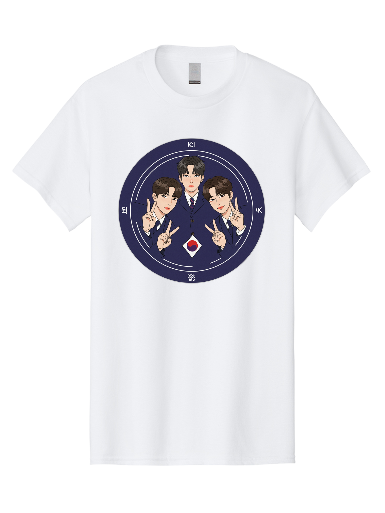 K-Pop-Idol-Trio Men'S Graphic Tee, 100% Cotton, Comfortable Casual Summer Wear, Machine Washable, K-Pop Group, Three Members, Blue Suits, Korean Flag, Peace Signs, K-Pop Fashion, Korean Pop Culture, Group Portrait, Stylish Hairstyles, Bac101