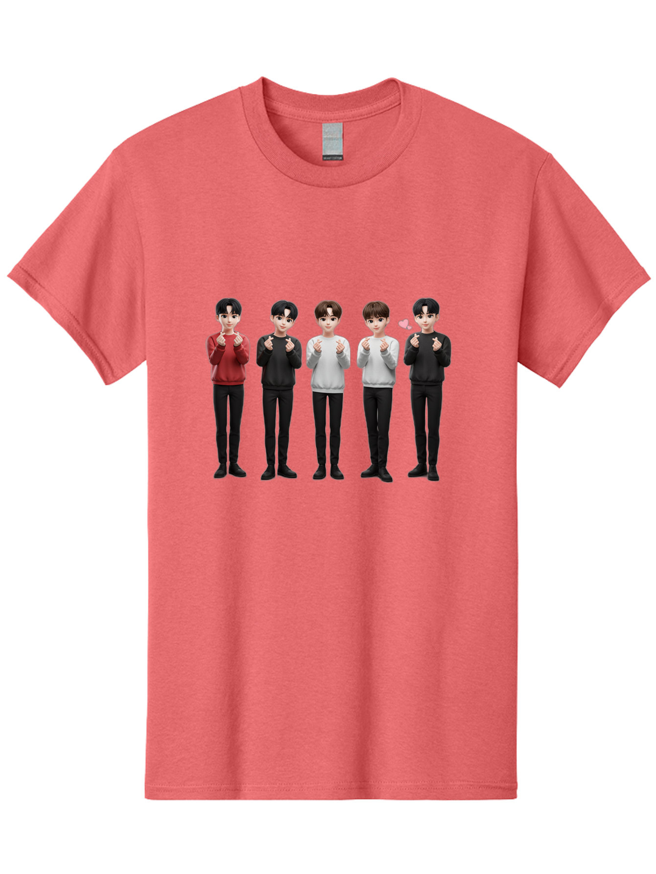 K-Pop-Idols Men'S Graphic Tee, 100% Cotton, Comfortable Casual Summer Wear, Machine Washable, 3D Cartoon Characters, Young Men, Black Hair, Varied Sweaters, Black Pants, Hand Gestures, Fist Bumps, Heart Symbol, Digital Art, Kawaii Style, Bac102