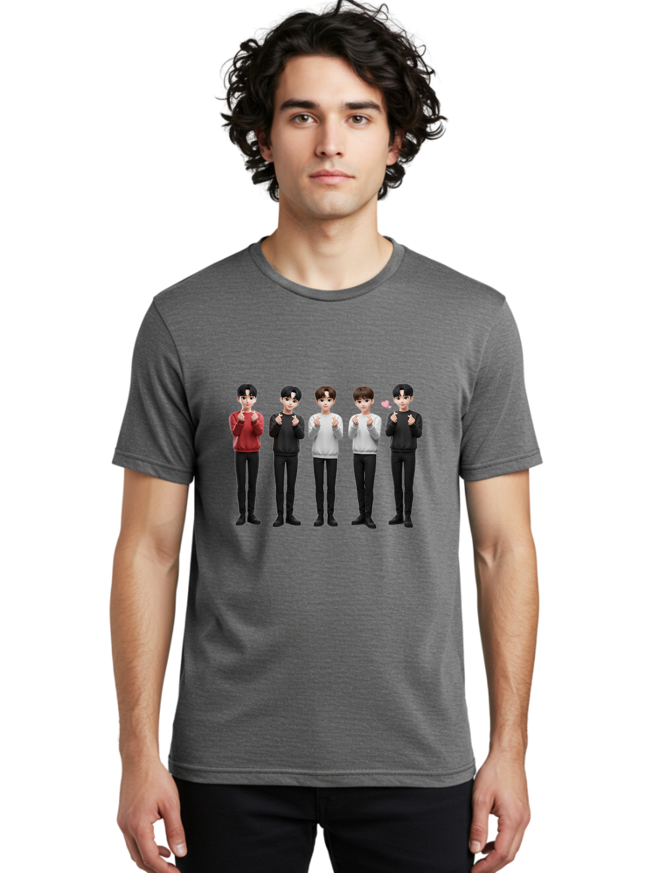K-Pop-Idols Men'S Graphic Tee, 100% Cotton, Comfortable Casual Summer Wear, Machine Washable, 3D Cartoon Characters, Young Men, Black Hair, Varied Sweaters, Black Pants, Hand Gestures, Fist Bumps, Heart Symbol, Digital Art, Kawaii Style, Bac102