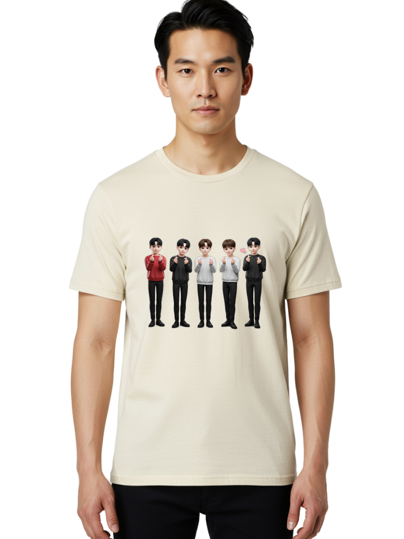 K-Pop-Idols Men'S Graphic Tee, 100% Cotton, Comfortable Casual Summer Wear, Machine Washable, 3D Cartoon Characters, Young Men, Black Hair, Varied Sweaters, Black Pants, Hand Gestures, Fist Bumps, Heart Symbol, Digital Art, Kawaii Style, Bac102