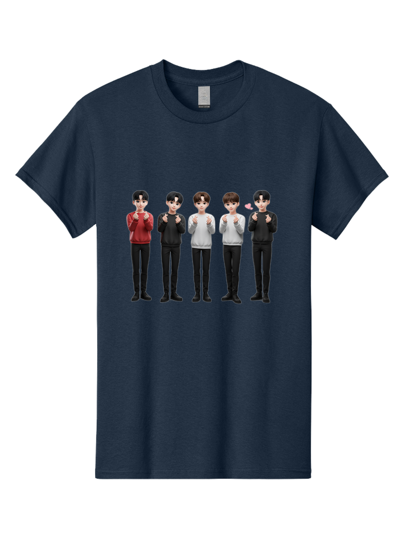 K-Pop-Idols Men'S Graphic Tee, 100% Cotton, Comfortable Casual Summer Wear, Machine Washable, 3D Cartoon Characters, Young Men, Black Hair, Varied Sweaters, Black Pants, Hand Gestures, Fist Bumps, Heart Symbol, Digital Art, Kawaii Style, Bac102