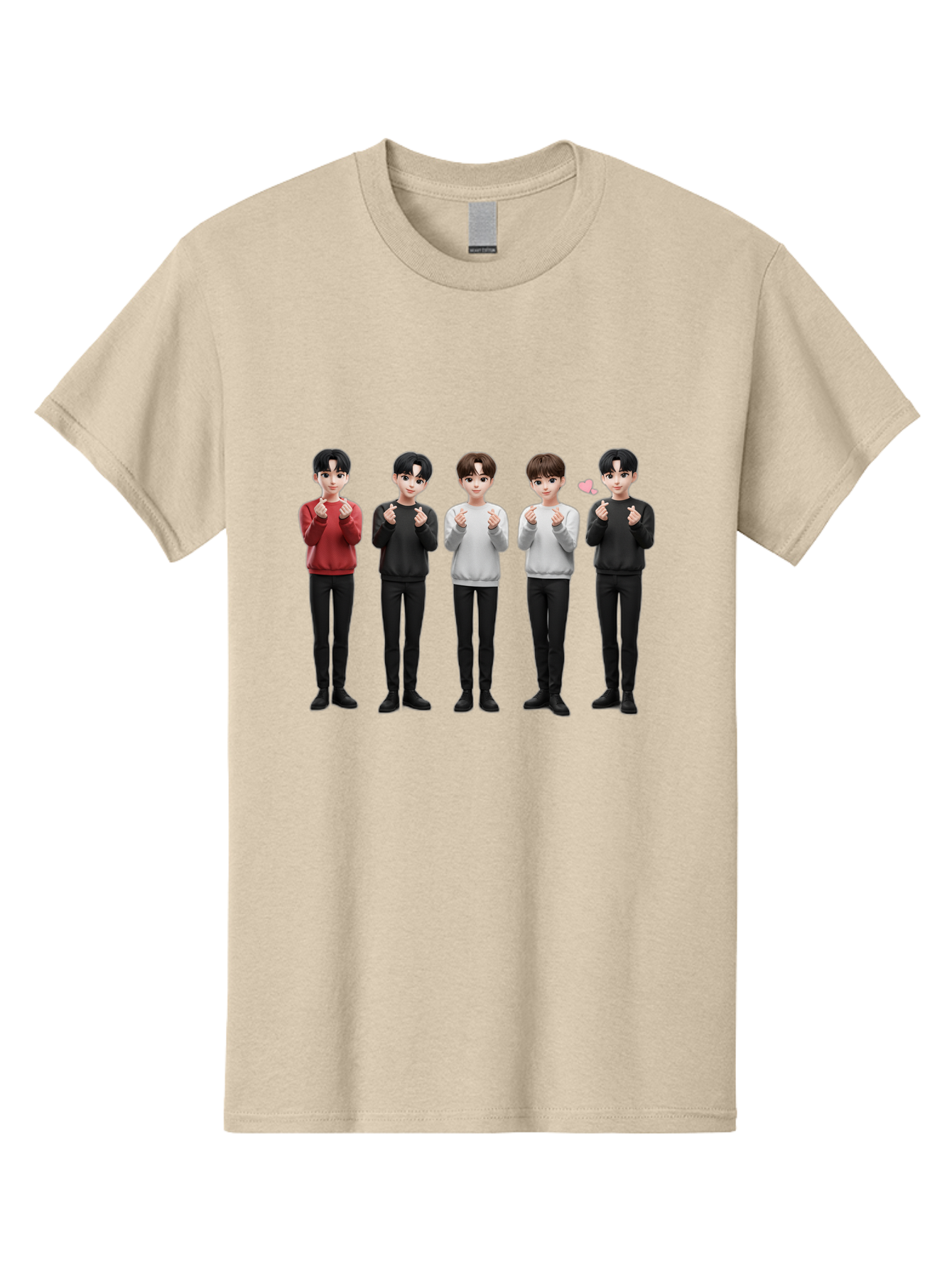 K-Pop-Idols Men'S Graphic Tee, 100% Cotton, Comfortable Casual Summer Wear, Machine Washable, 3D Cartoon Characters, Young Men, Black Hair, Varied Sweaters, Black Pants, Hand Gestures, Fist Bumps, Heart Symbol, Digital Art, Kawaii Style, Bac102